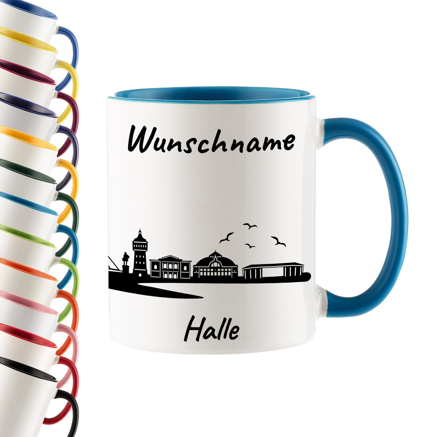 Tasse in Hellblau 330ml bedruckt mit der Skyline von Halle personalisierbar mit Wunschname