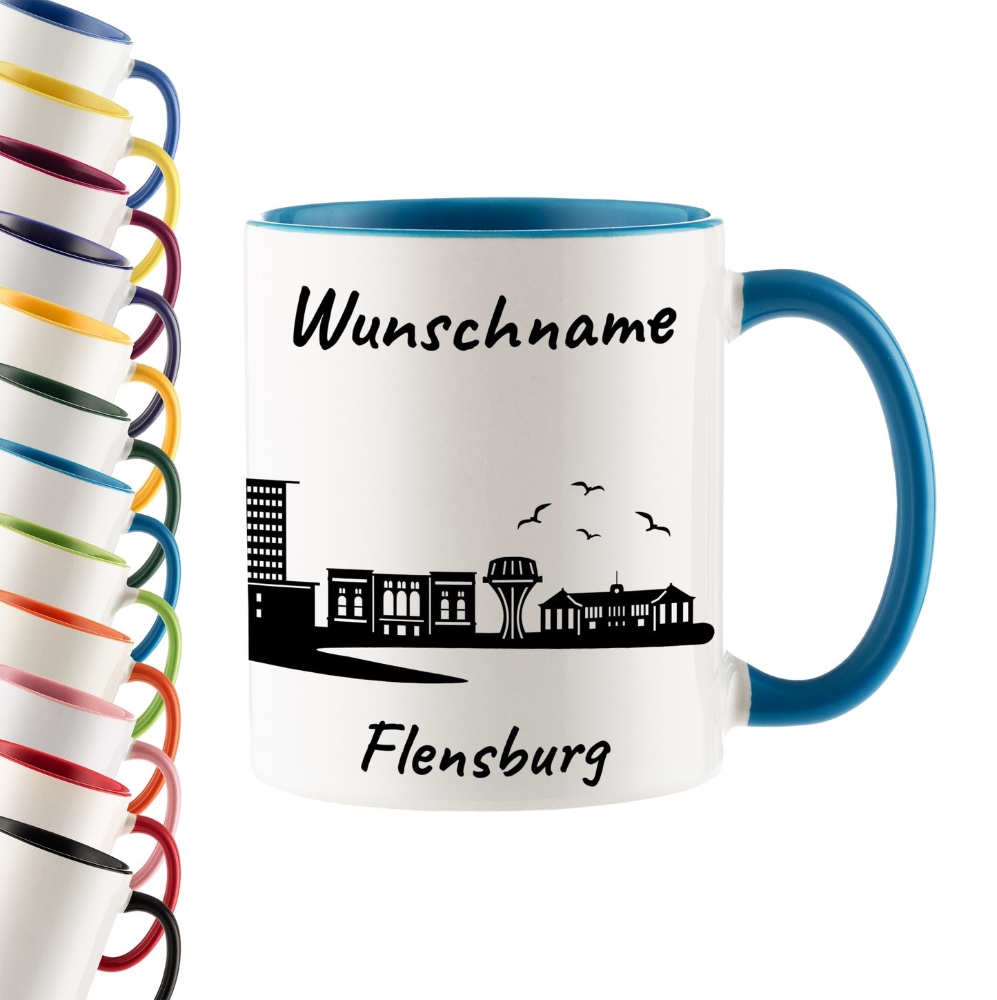 Tasse in Hellblau 330ml bedruckt mit der Skyline von Flensburg personalisierbar mit Wunschname