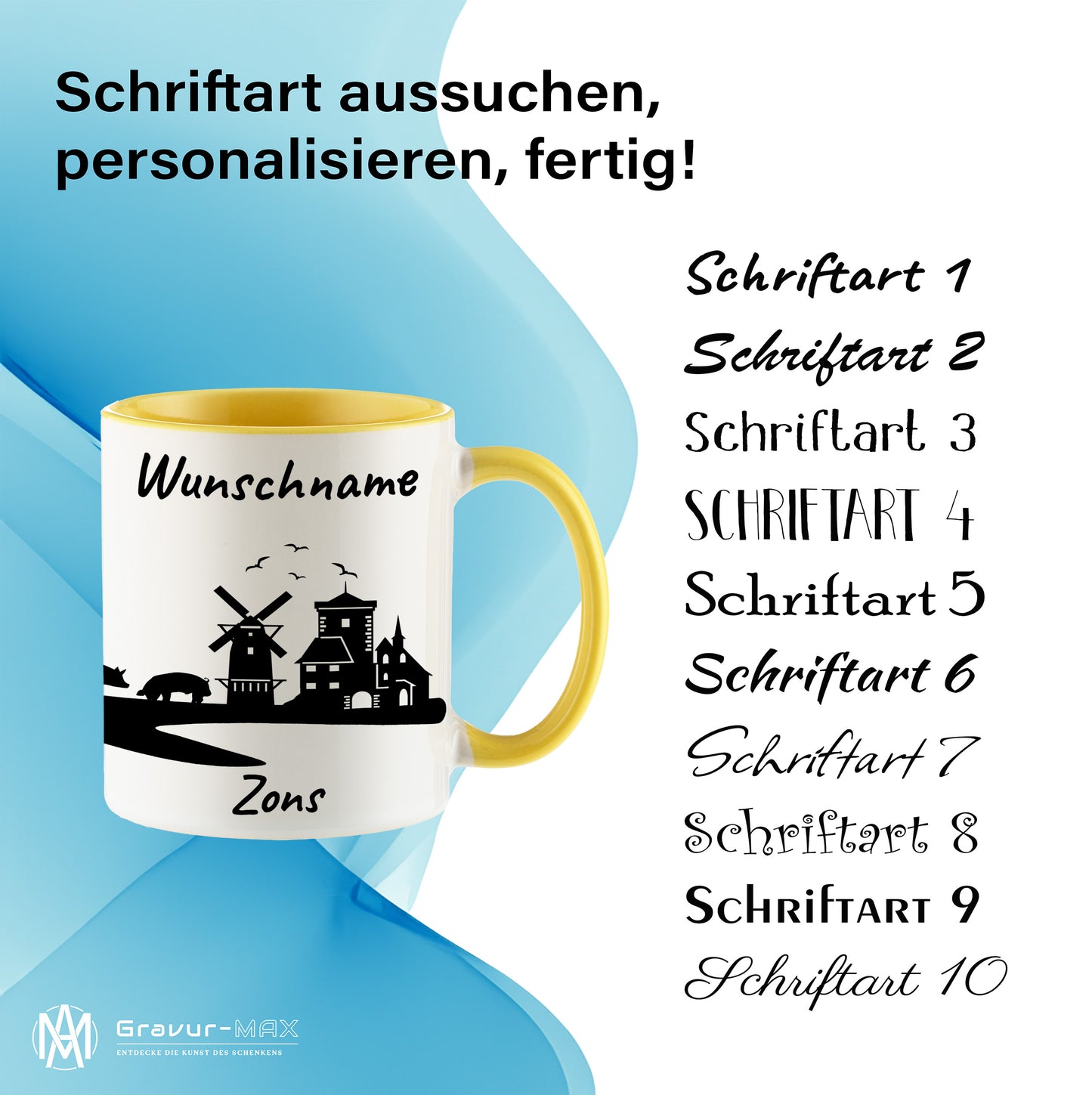 Tasse in Hellgelb 330ml bedruckt mit der Skyline von Zons (Dormagen) personalisierbar mit Wunschname