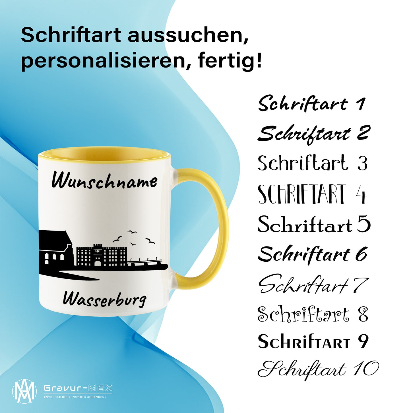 Tasse in Hellgelb 330ml bedruckt mit der Skyline von Wasserburg personalisierbar mit Wunschname