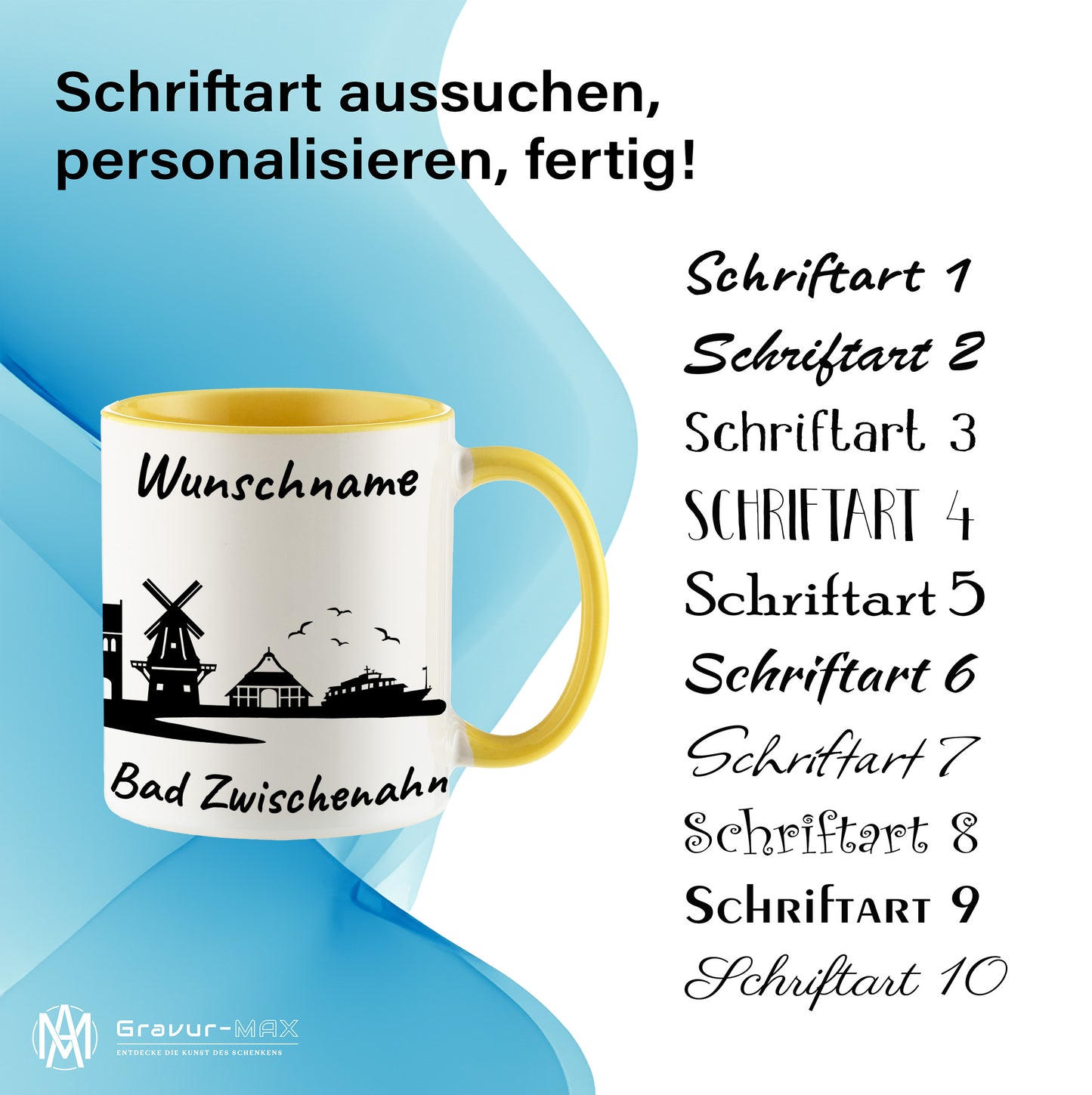 Tasse in Hellgelb 330ml bedruckt mit der Skyline von Bad Zwischenahn personalisierbar mit Wunschname