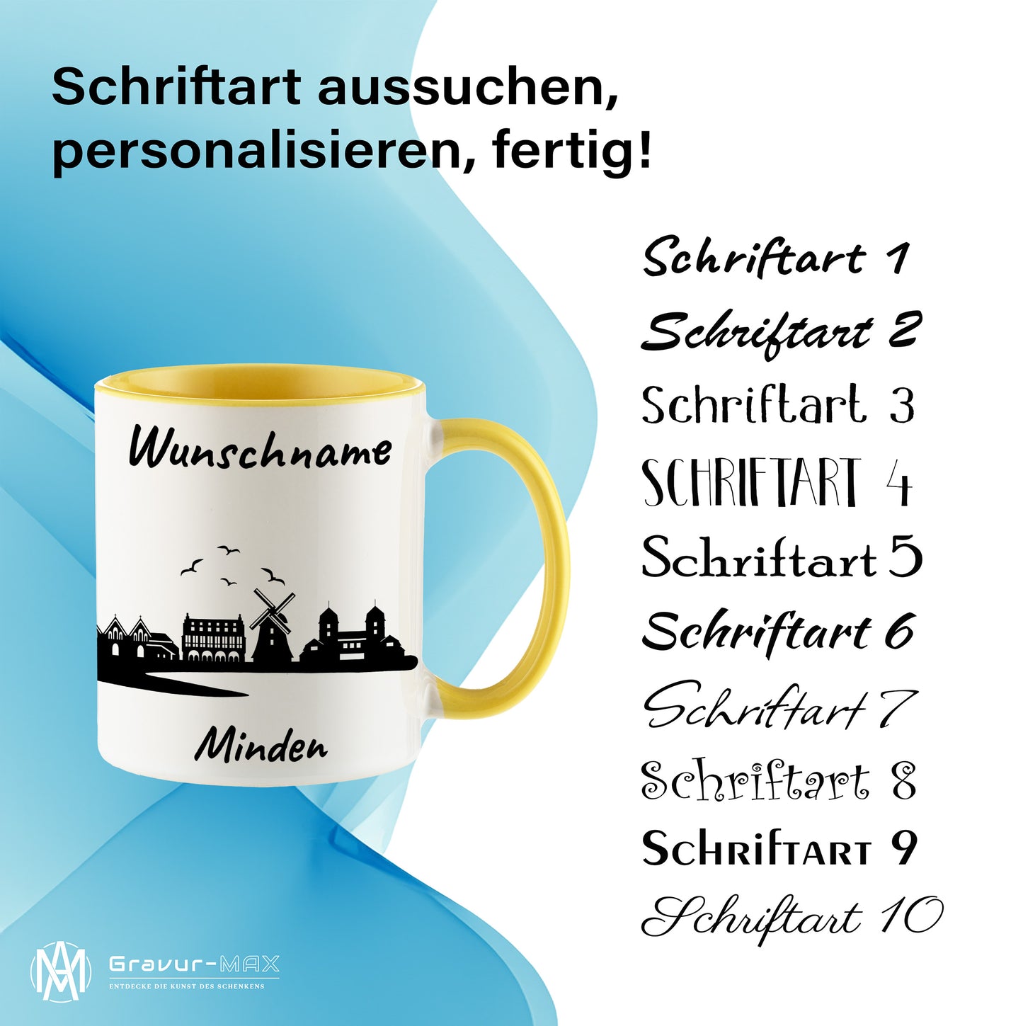 Tasse in Hellgelb 330ml bedruckt mit der Skyline von Minden personalisierbar mit Wunschname