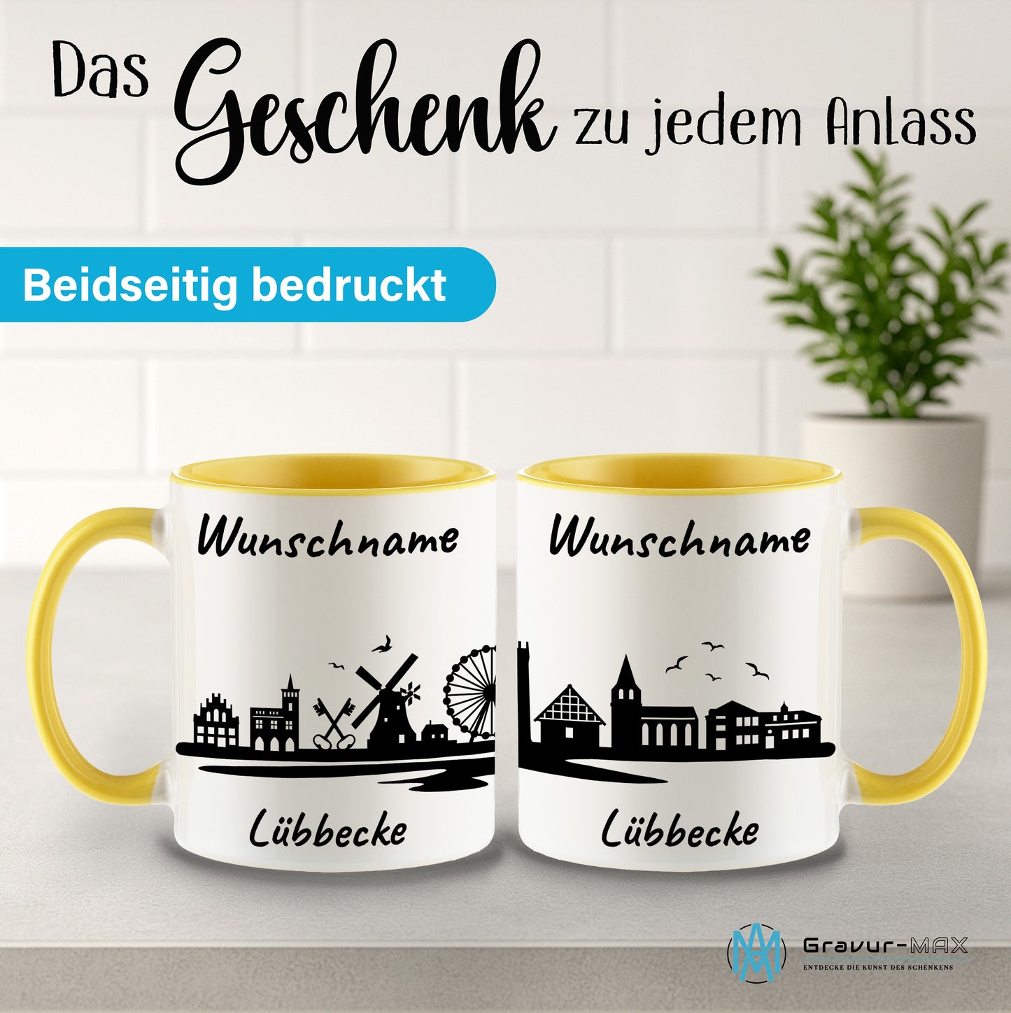 Tasse in Hellgelb 330ml bedruckt mit der Skyline von Lübbecke personalisierbar mit Wunschname