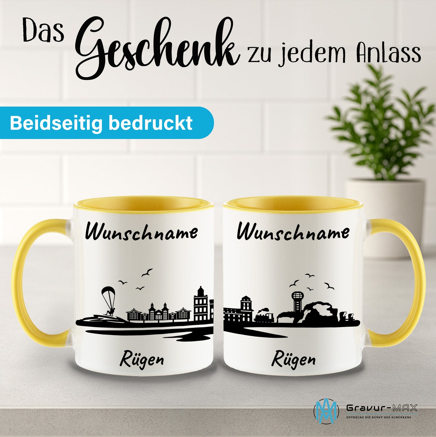 Tasse in Hellgelb 330ml bedruckt mit der Skyline von Rügen personalisierbar mit Wunschname