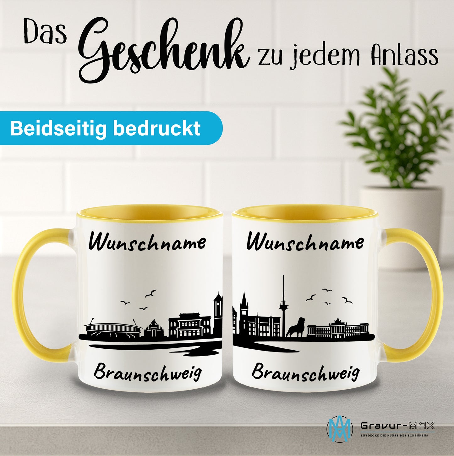 Tasse in Hellgelb 330ml bedruckt mit der Skyline von Braunschweig personalisierbar mit Wunschname