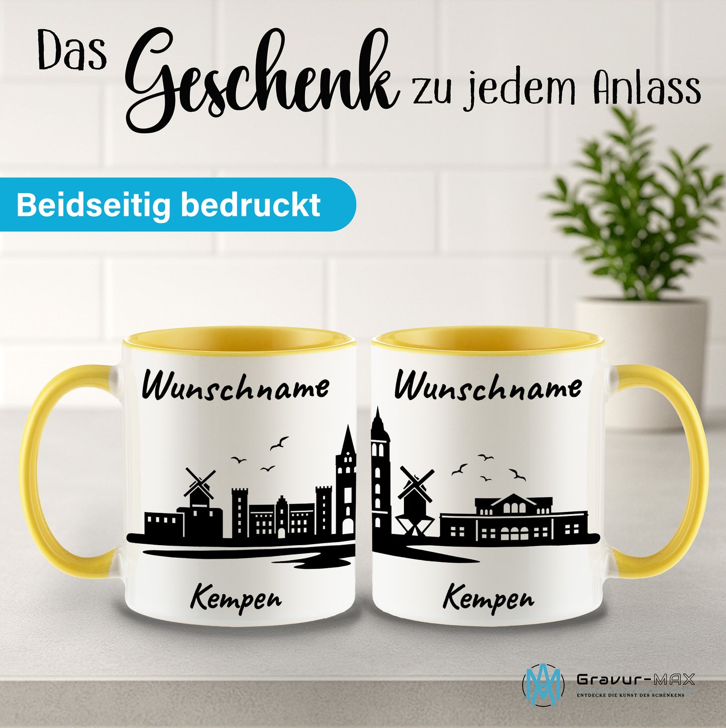 Tasse in Hellgelb 330ml bedruckt mit der Skyline von Kempen personalisierbar mit Wunschname