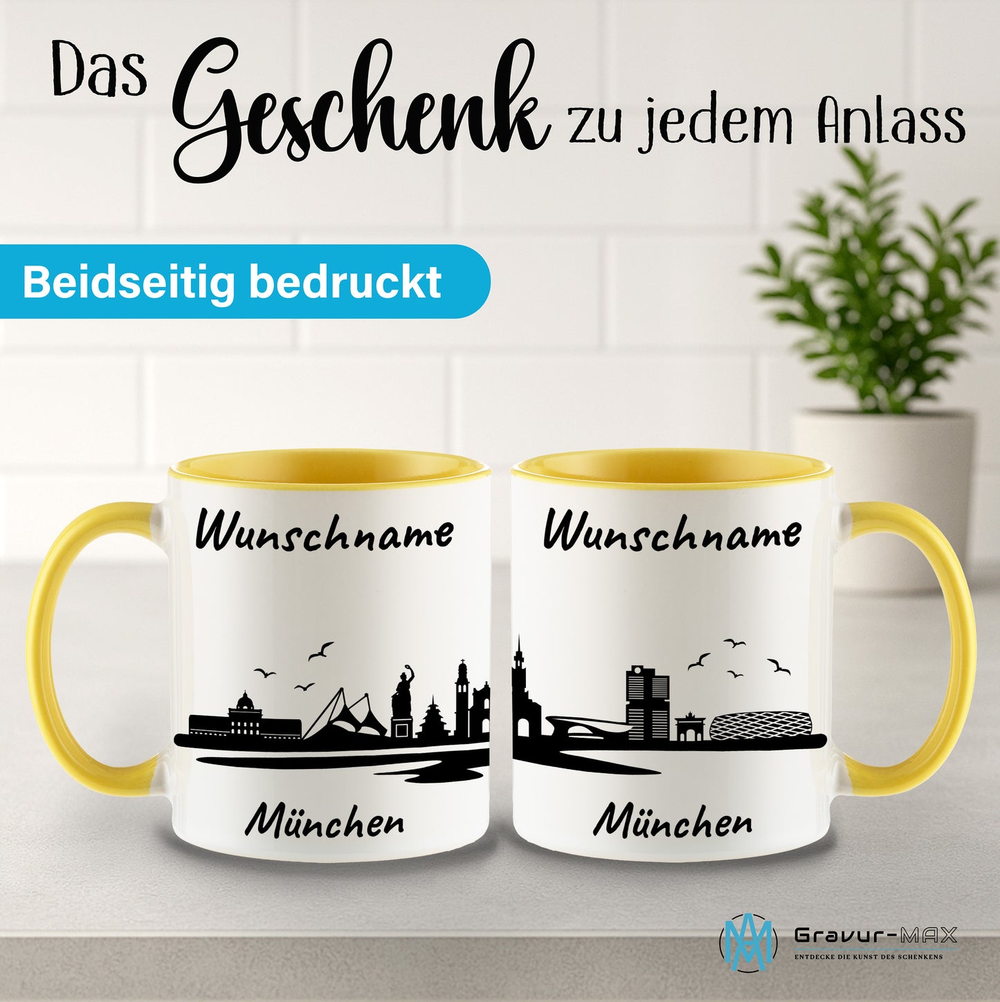 Tasse in Hellgelb 330ml bedruckt mit der Skyline von München personalisierbar mit Wunschname