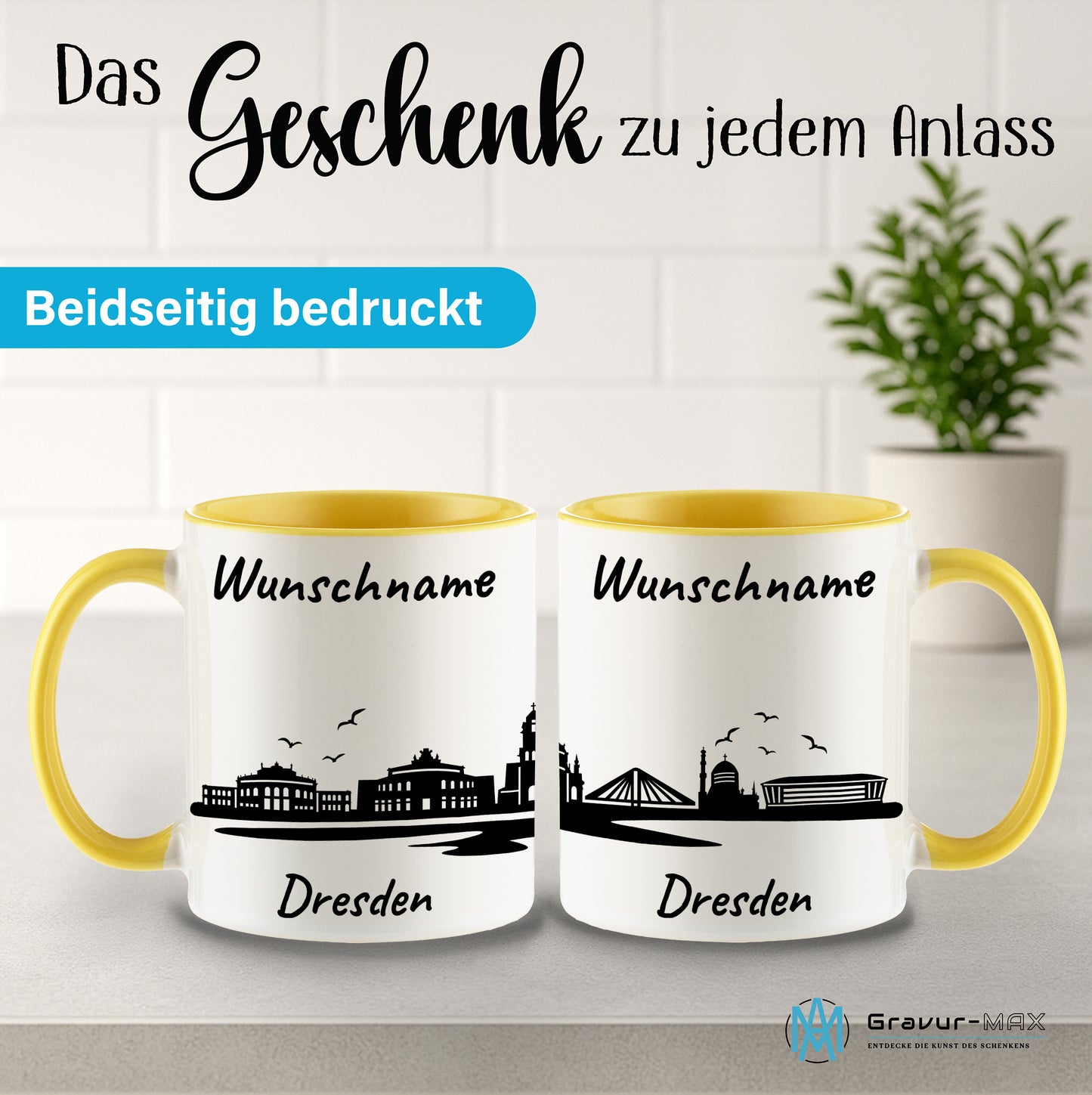 Tasse in Hellgelb 330ml bedruckt mit der Skyline von Dresden personalisierbar mit Wunschname