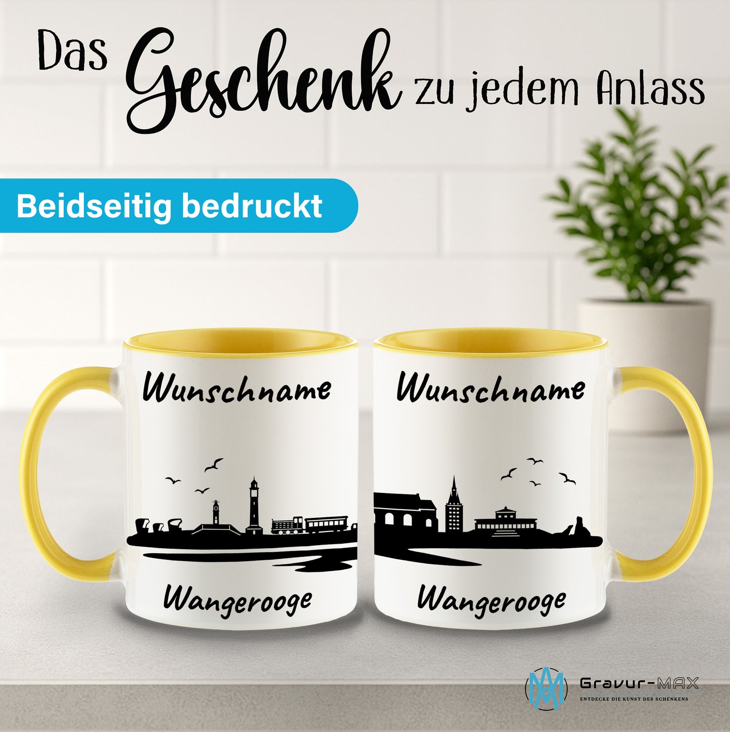 Tasse in Hellgelb 330ml bedruckt mit der Skyline von Wangerooge personalisierbar mit Wunschname