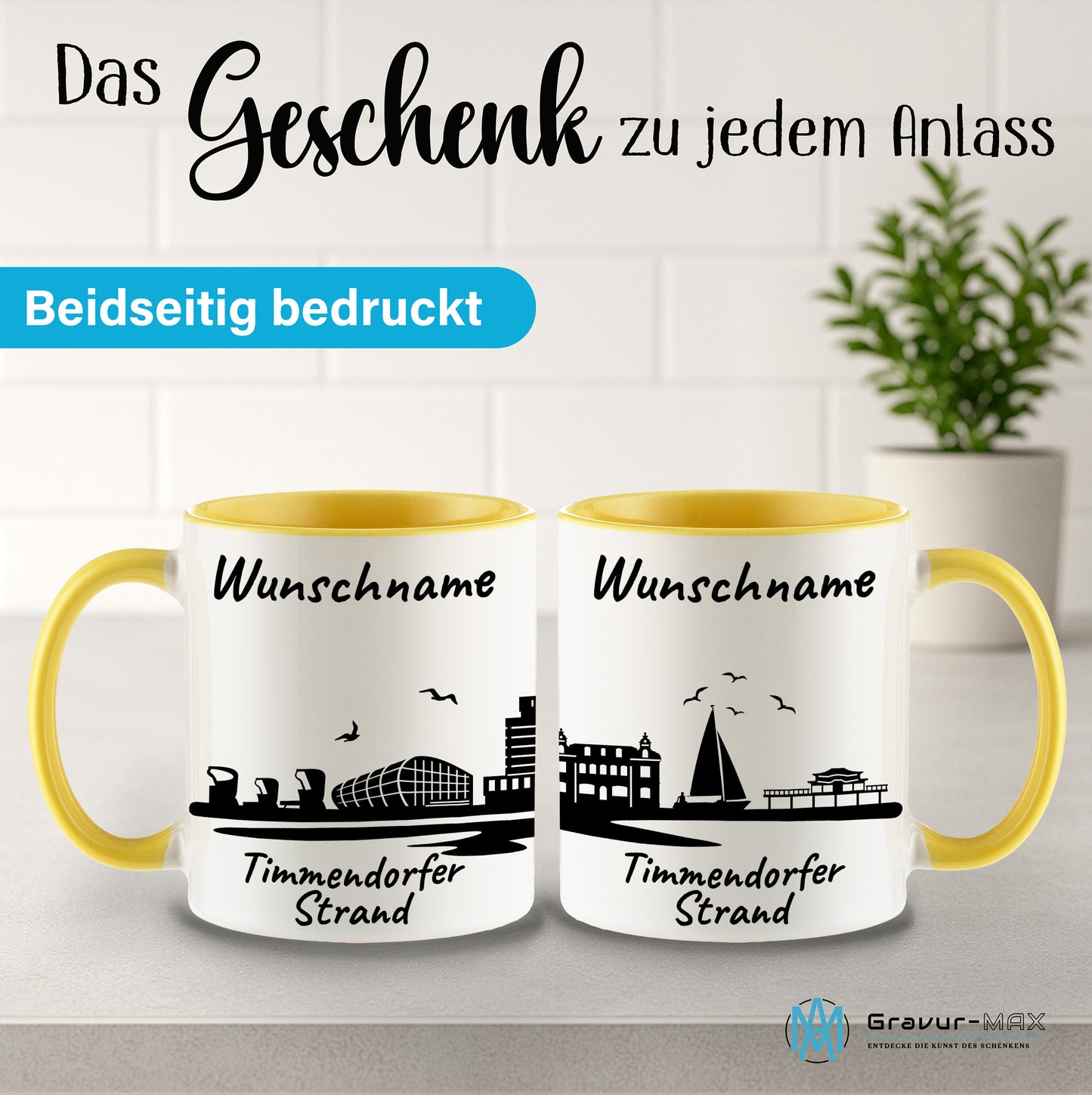 Tasse in Hellgelb 330ml bedruckt mit der Skyline von Timmendorfer Strand personalisierbar mit Wunschname