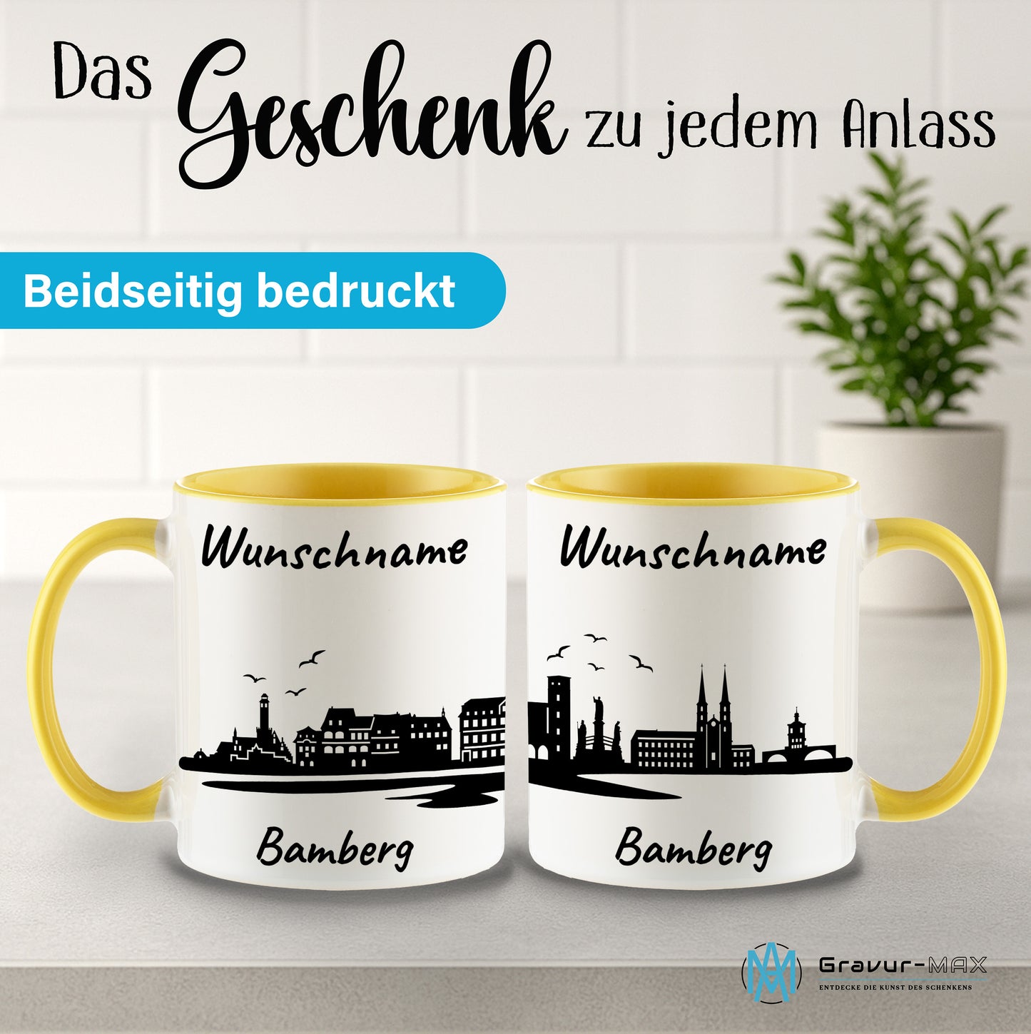 Tasse in Hellgelb 330ml bedruckt mit der Skyline von Bamberg personalisierbar mit Wunschname
