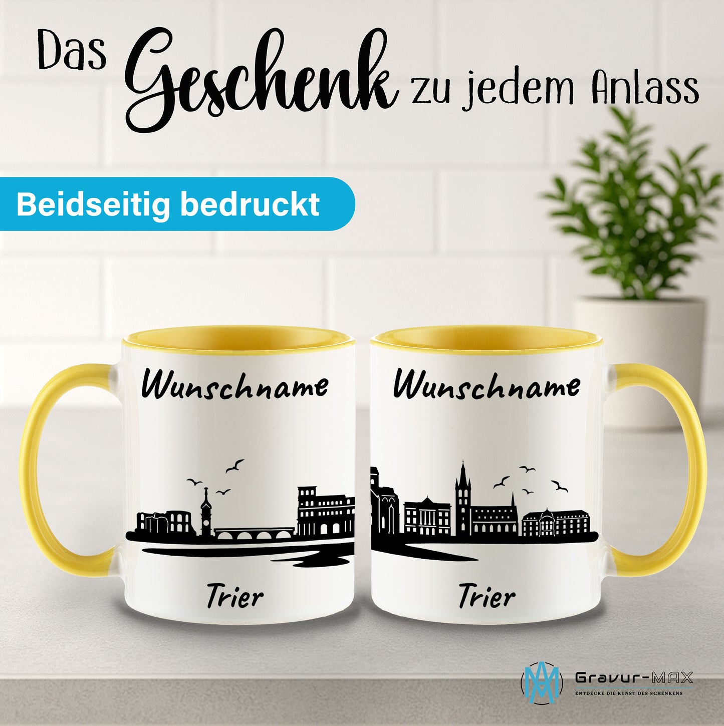 Tasse in Hellgelb 330ml bedruckt mit der Skyline von Trier personalisierbar mit Wunschname