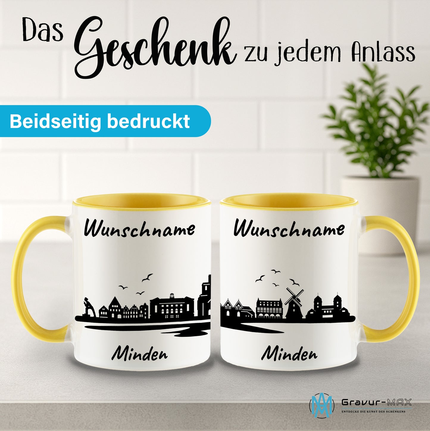 Tasse in Hellgelb 330ml bedruckt mit der Skyline von Minden personalisierbar mit Wunschname