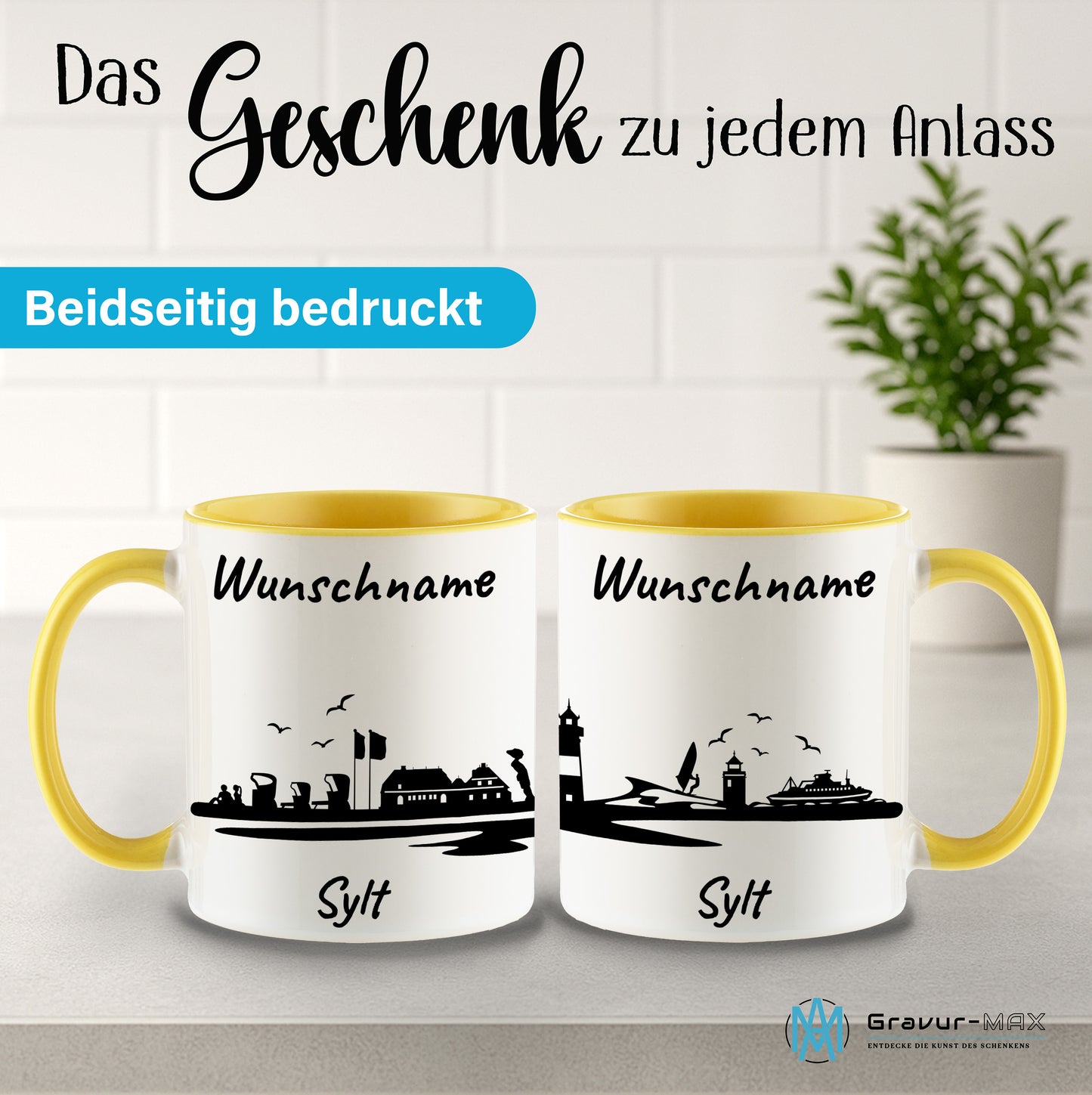 Tasse in Hellgelb 330ml bedruckt mit der Skyline von Sylt personalisierbar mit Wunschname