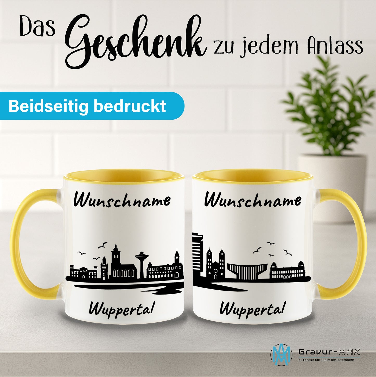 Tasse in Hellgelb 330ml bedruckt mit der Skyline von Wuppertal personalisierbar mit Wunschname