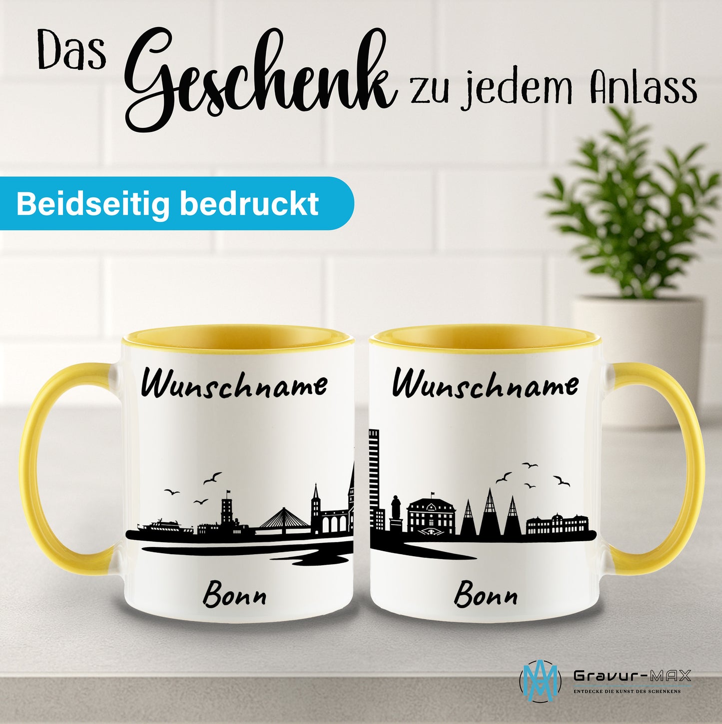 Tasse in Hellgelb 330ml bedruckt mit der Skyline von Bonn personalisierbar mit Wunschname