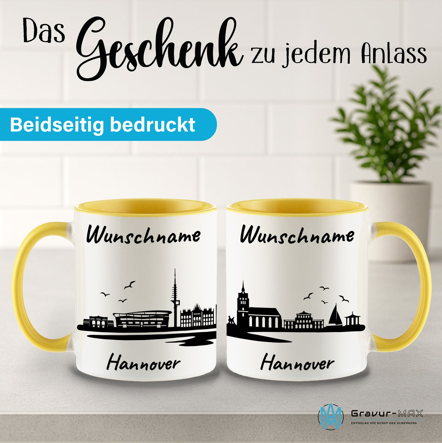 Tasse in Hellgelb 330ml bedruckt mit der Skyline von Hannover personalisierbar mit Wunschname