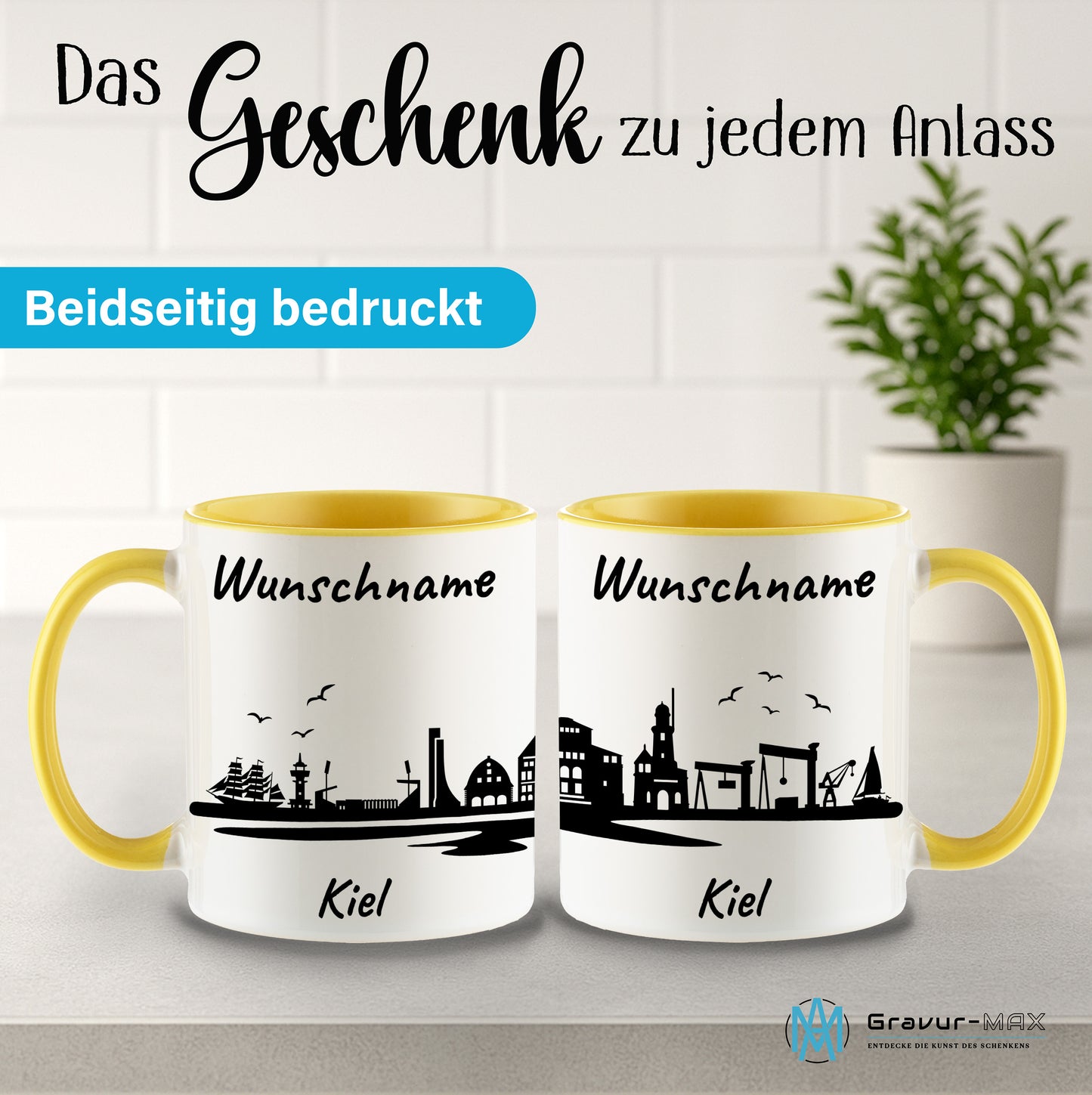 Tasse in Hellgelb 330ml bedruckt mit der Skyline von Kiel personalisierbar mit Wunschname
