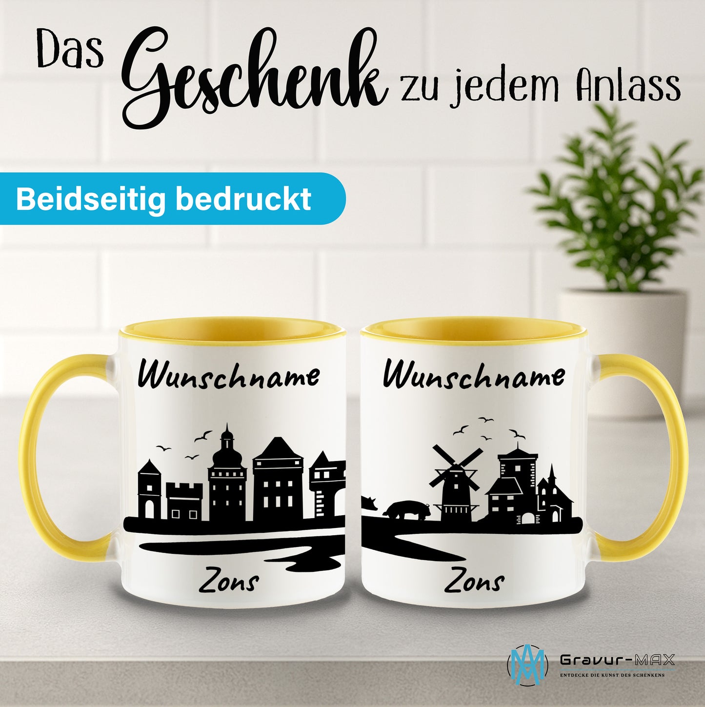 Tasse in Hellgelb 330ml bedruckt mit der Skyline von Zons (Dormagen) personalisierbar mit Wunschname