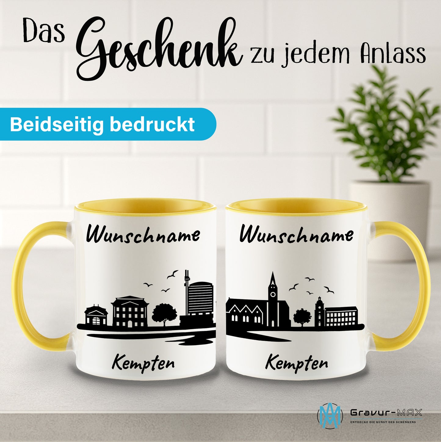 Tasse in Hellgelb 330ml bedruckt mit der Skyline von Kempten personalisierbar mit Wunschname