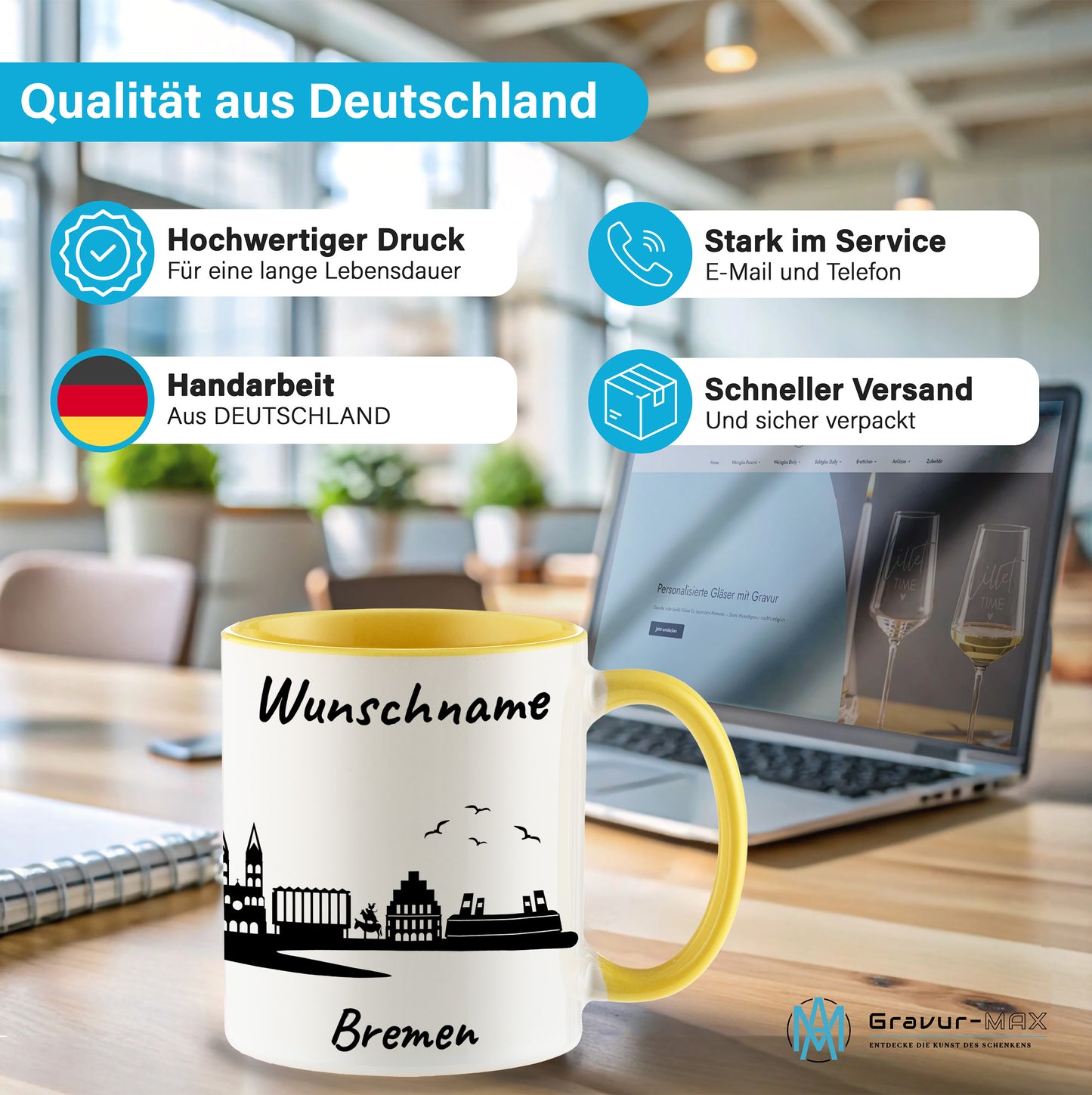 Tasse in Hellgelb 330ml bedruckt mit der Skyline von Bremen personalisierbar mit Wunschname