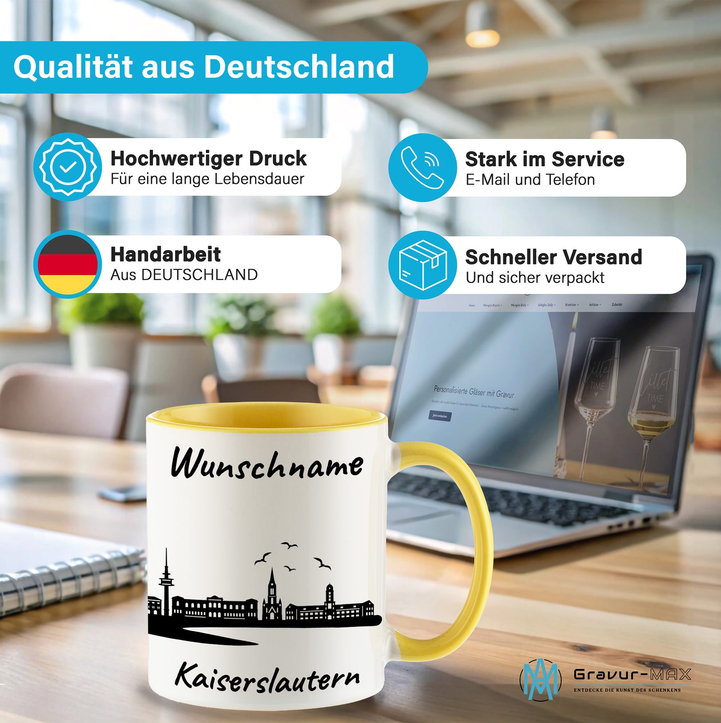 Tasse in Hellgelb 330ml bedruckt mit der Skyline von Kaiserslautern personalisierbar mit Wunschname