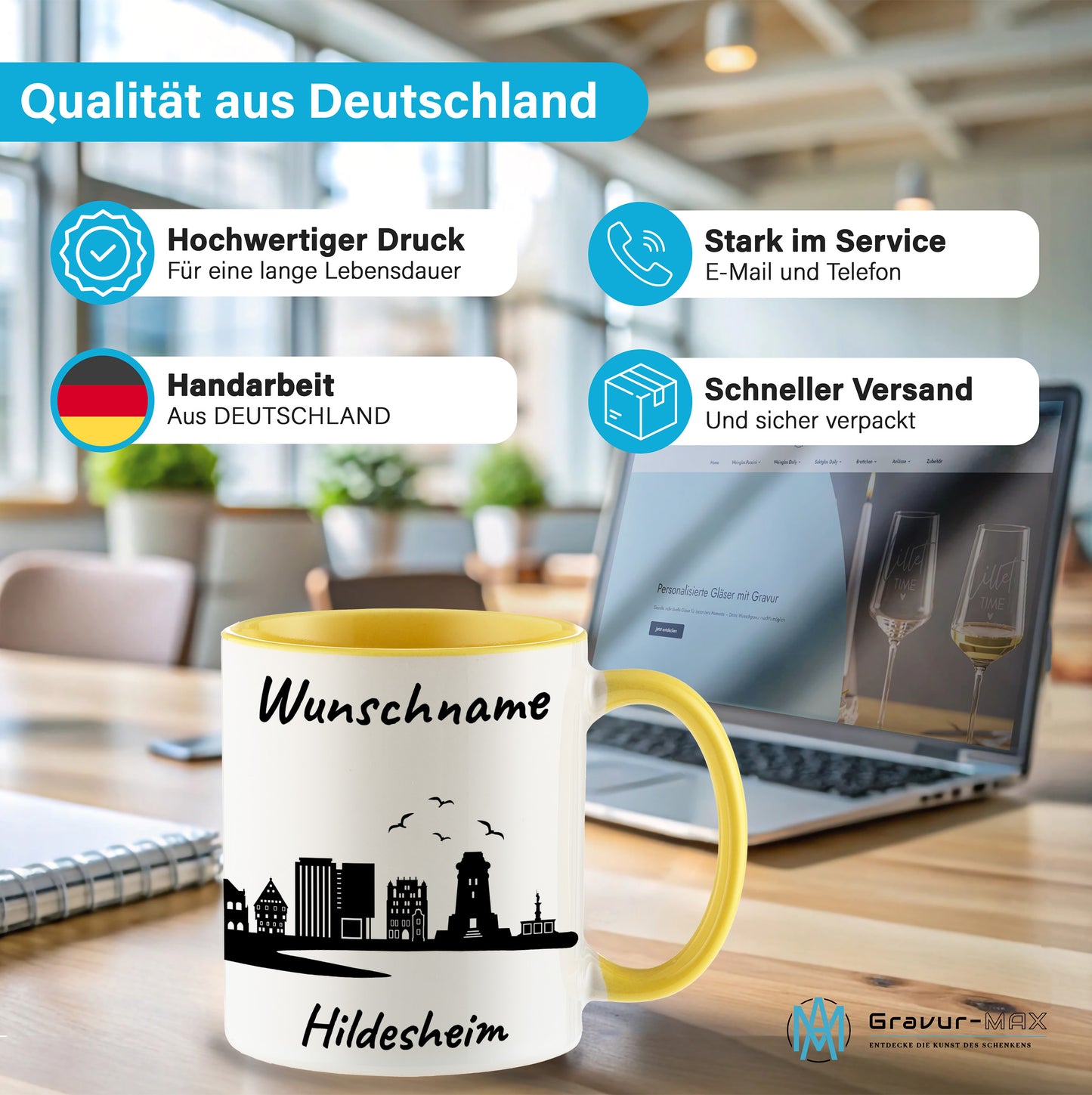 Tasse in Hellgelb 330ml bedruckt mit der Skyline von Hildesheim personalisierbar mit Wunschname