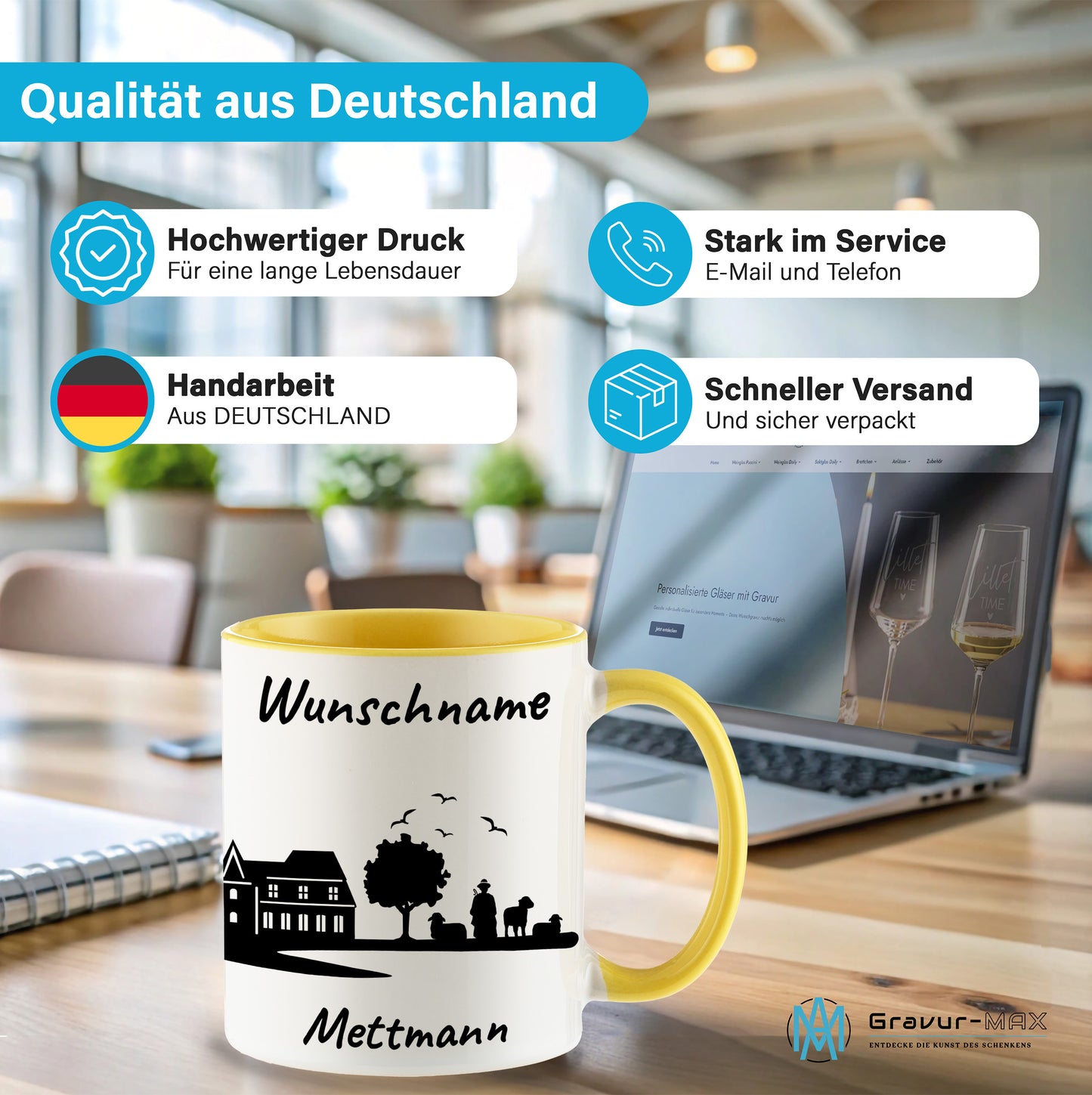 Tasse in Hellgelb 330ml bedruckt mit der Skyline von Mettmann personalisierbar mit Wunschname