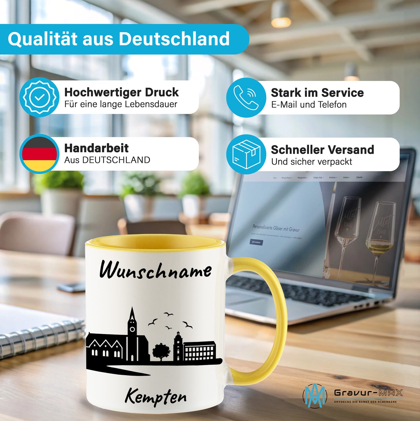 Tasse in Hellgelb 330ml bedruckt mit der Skyline von Kempten personalisierbar mit Wunschname