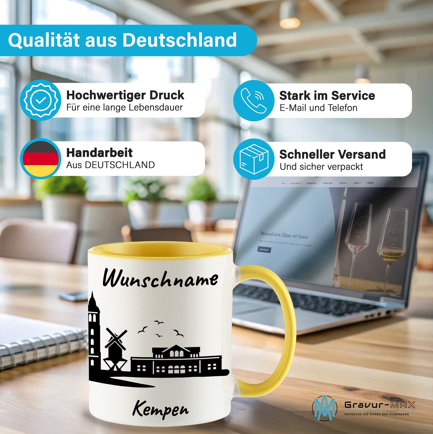 Tasse in Hellgelb 330ml bedruckt mit der Skyline von Kempen personalisierbar mit Wunschname