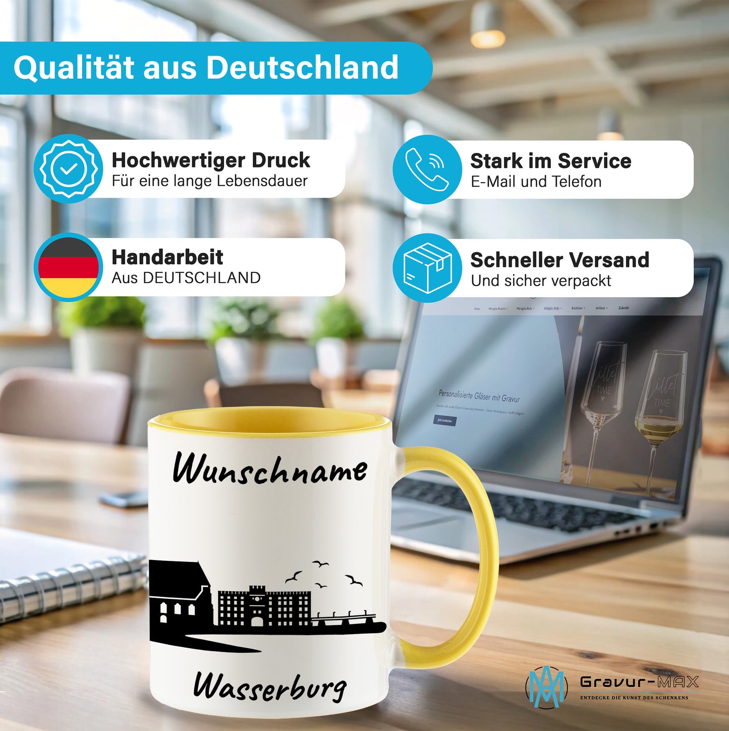 Tasse in Hellgelb 330ml bedruckt mit der Skyline von Wasserburg personalisierbar mit Wunschname