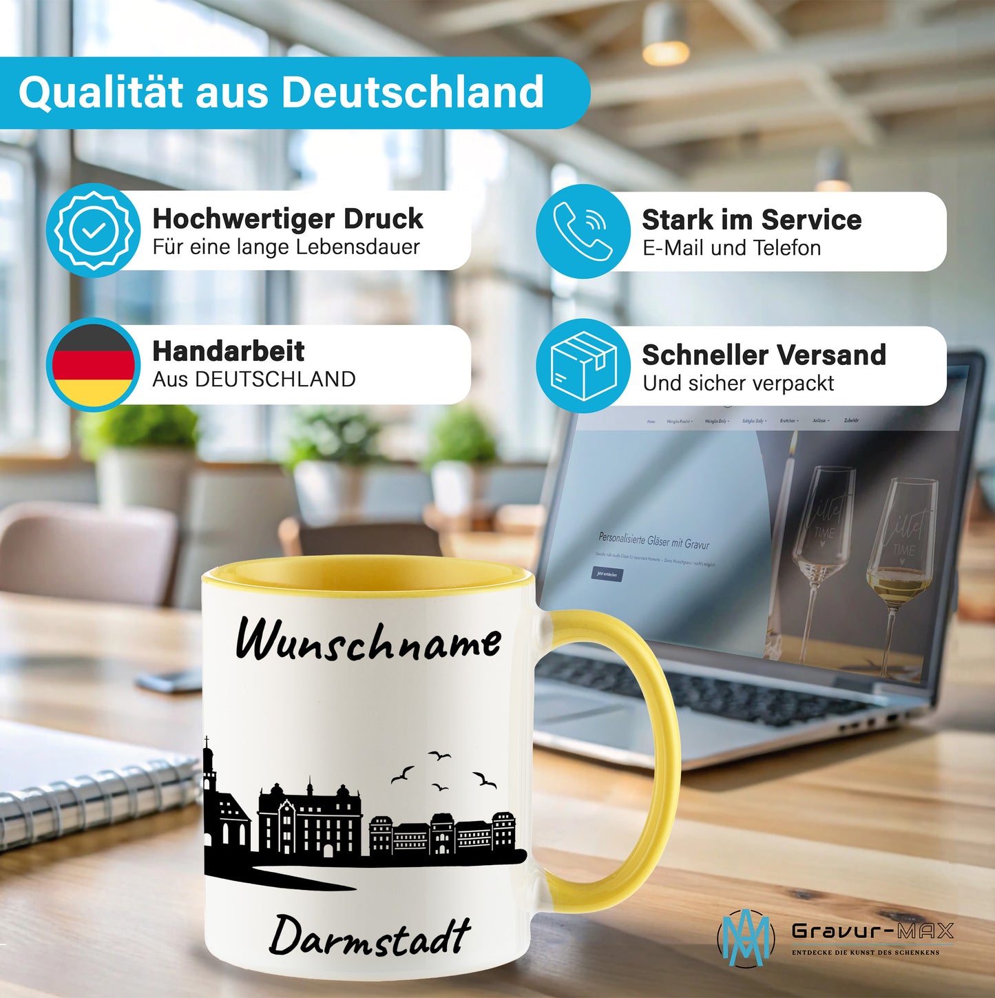 Tasse in Hellgelb 330ml bedruckt mit der Skyline von Darmstadt personalisierbar mit Wunschname