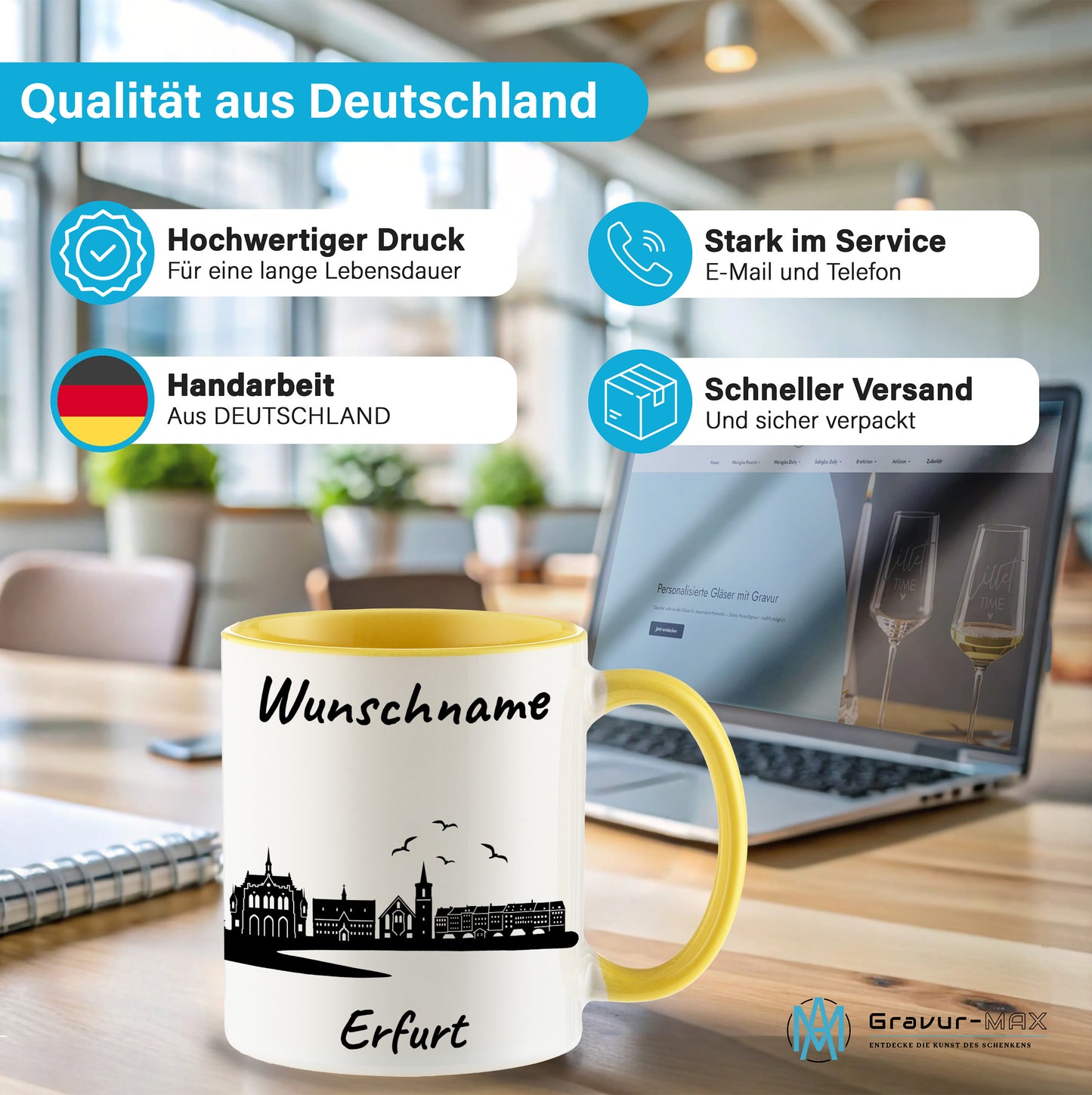 Tasse in Hellgelb 330ml bedruckt mit der Skyline von Erfurt personalisierbar mit Wunschname