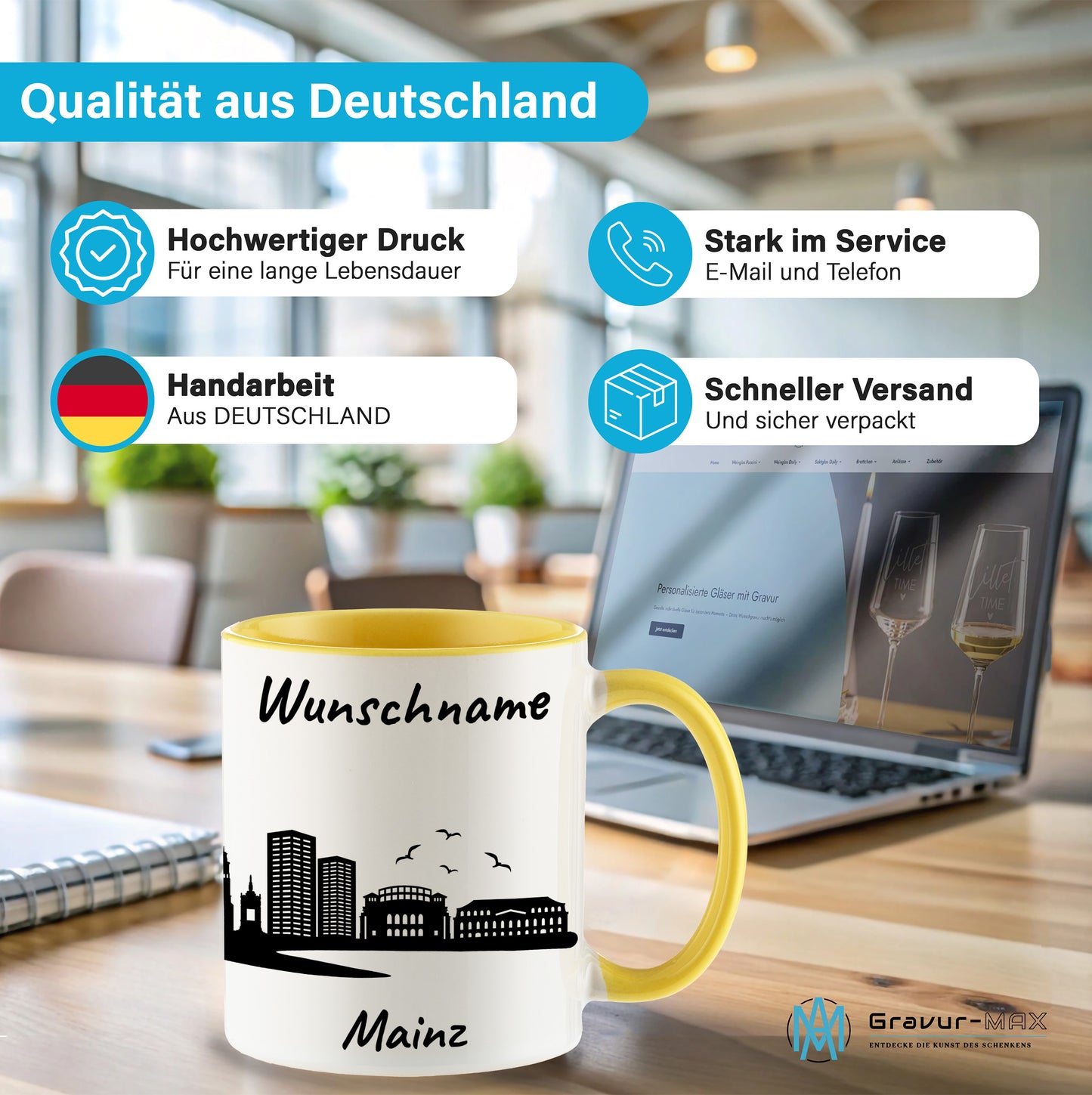 Tasse in Hellgelb 330ml bedruckt mit der Skyline von Mainz personalisierbar mit Wunschname