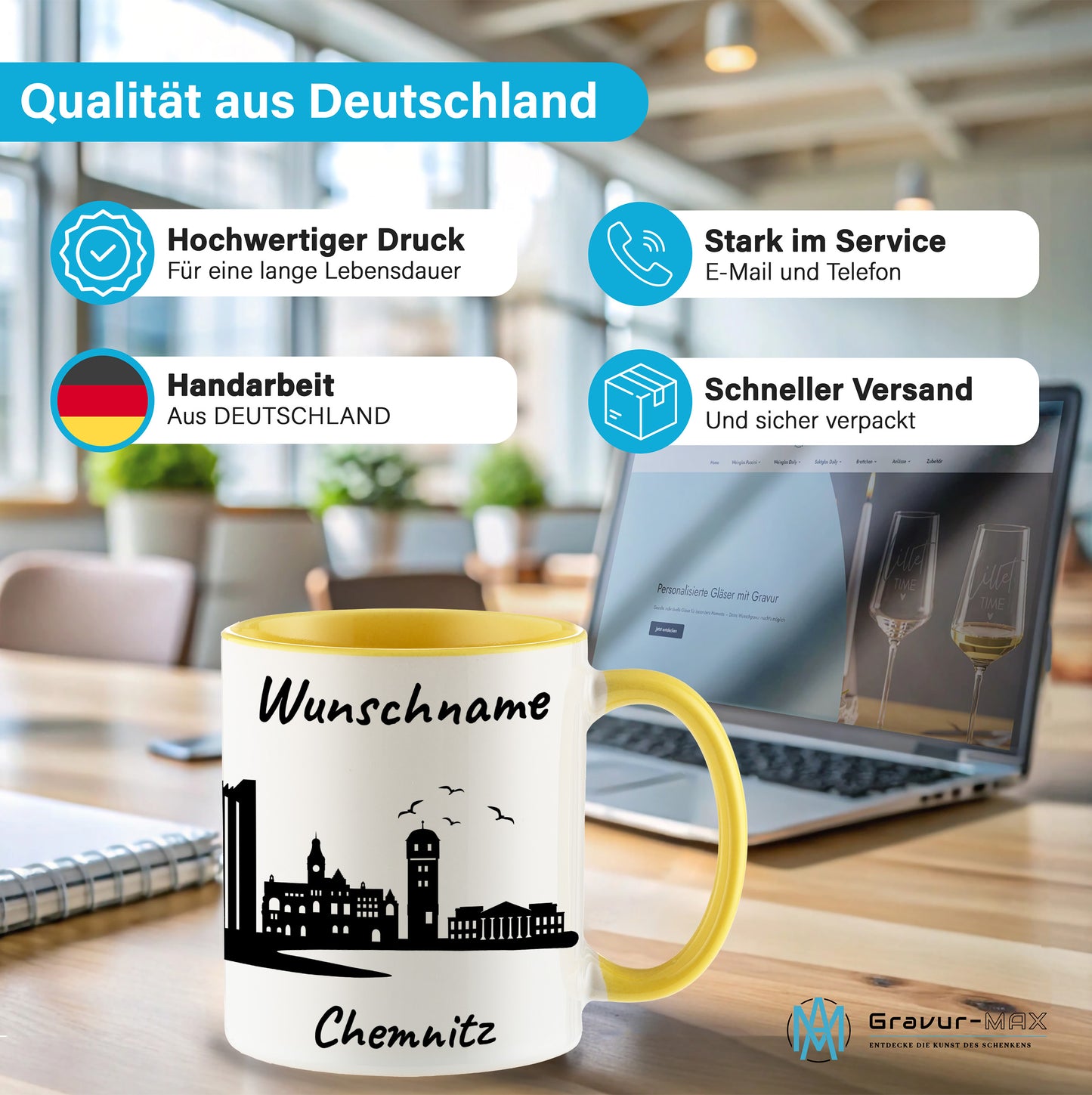 Tasse in Hellgelb 330ml bedruckt mit der Skyline von Chemnitz personalisierbar mit Wunschname