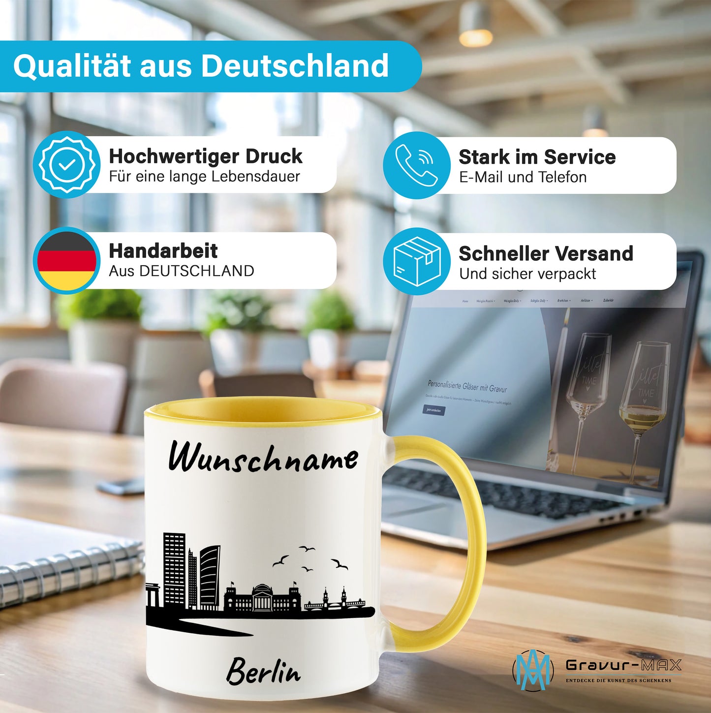Tasse in Hellgelb 330ml bedruckt mit der Skyline von Berlin personalisierbar mit Wunschname
