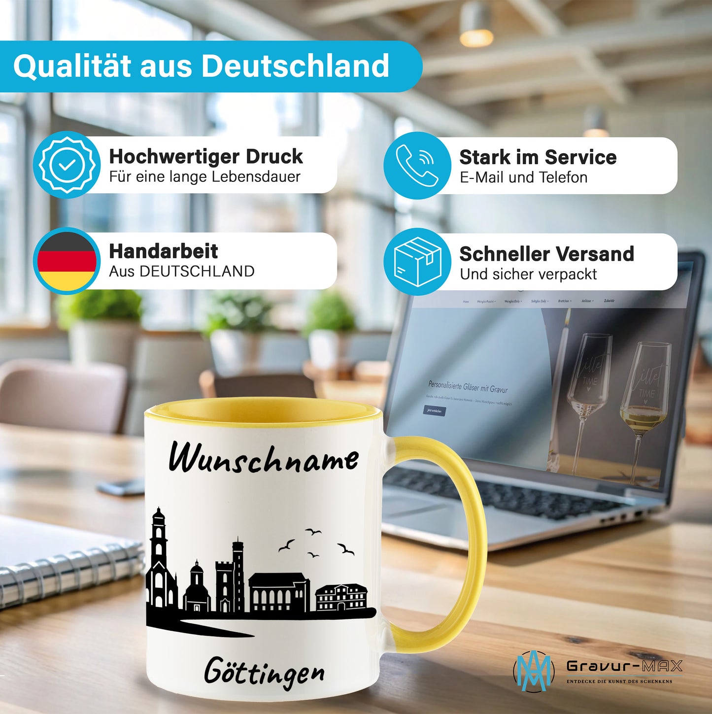 Tasse in Hellgelb 330ml bedruckt mit der Skyline von Göttingen personalisierbar mit Wunschname