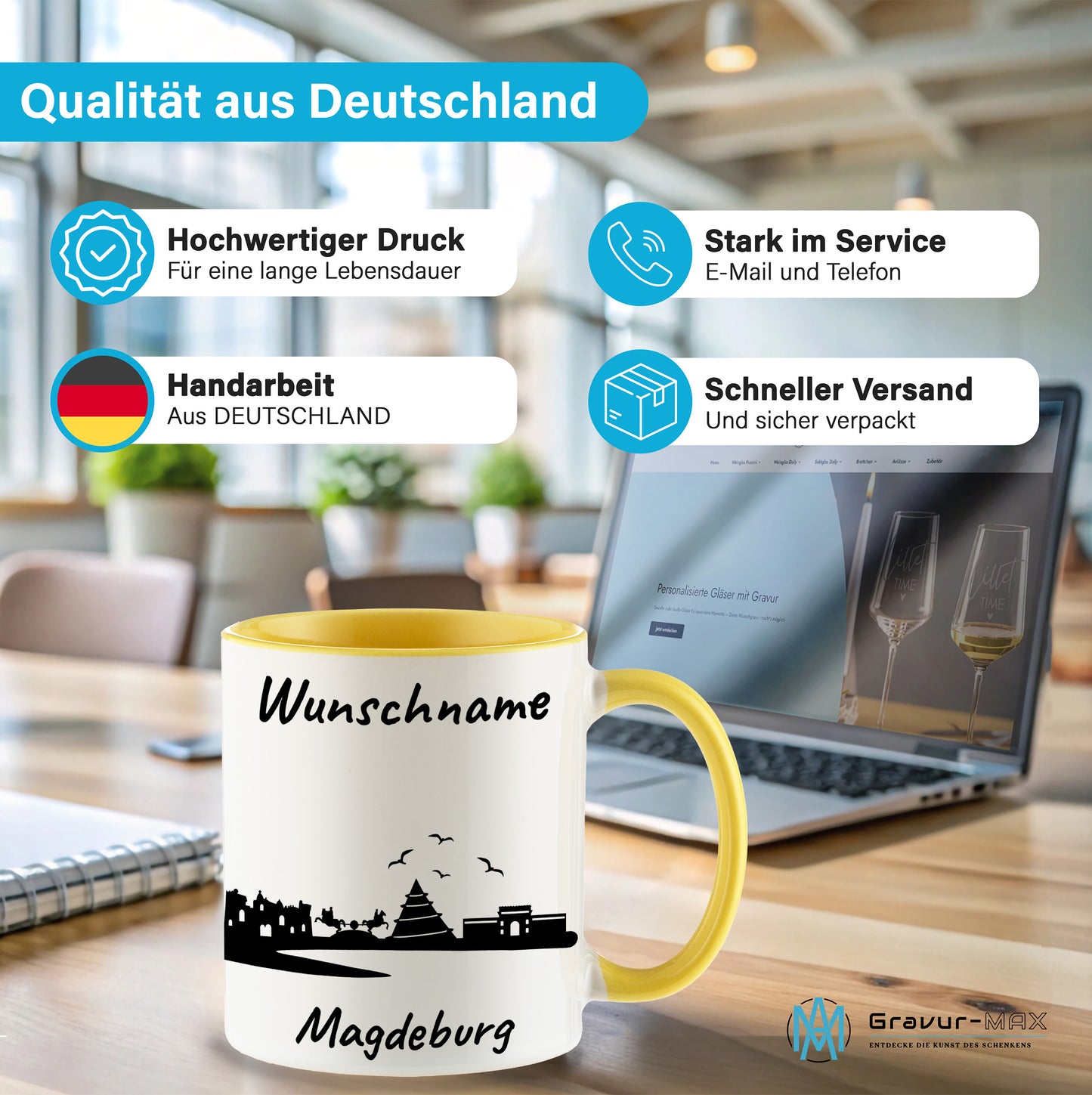 Tasse in Hellgelb 330ml bedruckt mit der Skyline von Magdeburg personalisierbar mit Wunschname