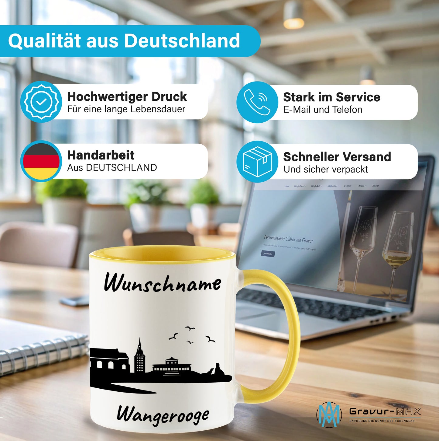 Tasse in Hellgelb 330ml bedruckt mit der Skyline von Wangerooge personalisierbar mit Wunschname