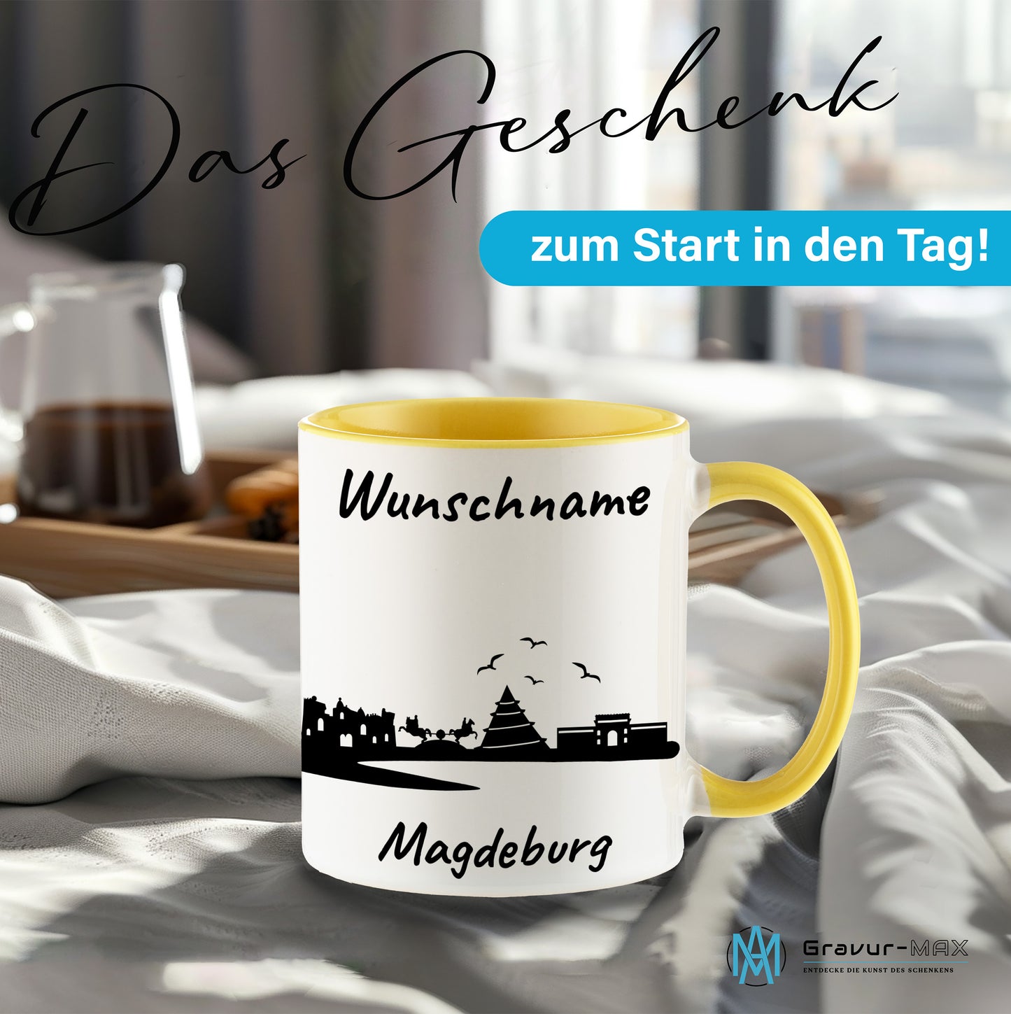 Tasse in Hellgelb 330ml bedruckt mit der Skyline von Magdeburg personalisierbar mit Wunschname