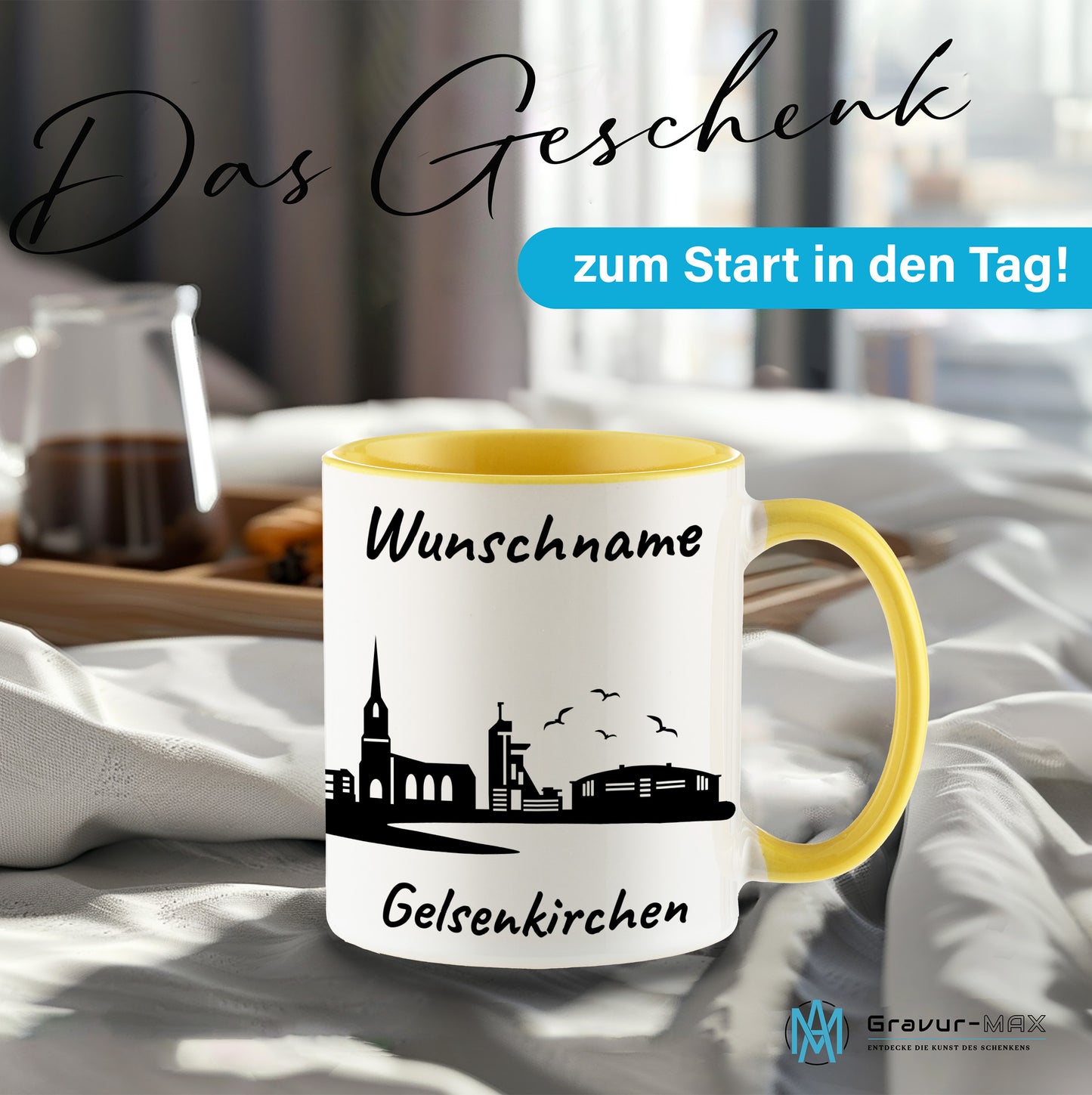 Tasse in Hellgelb 330ml bedruckt mit der Skyline von Gelsenkirchen personalisierbar mit Wunschname