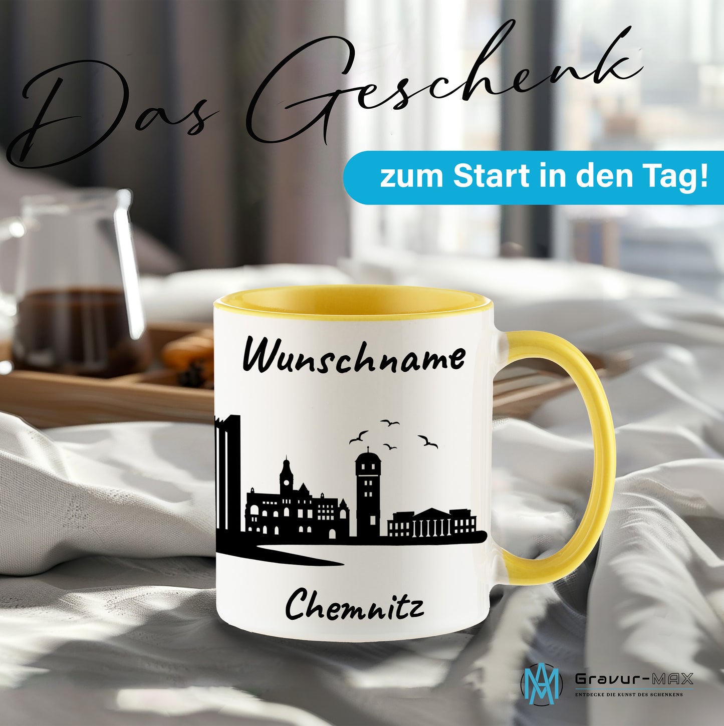 Tasse in Hellgelb 330ml bedruckt mit der Skyline von Chemnitz personalisierbar mit Wunschname