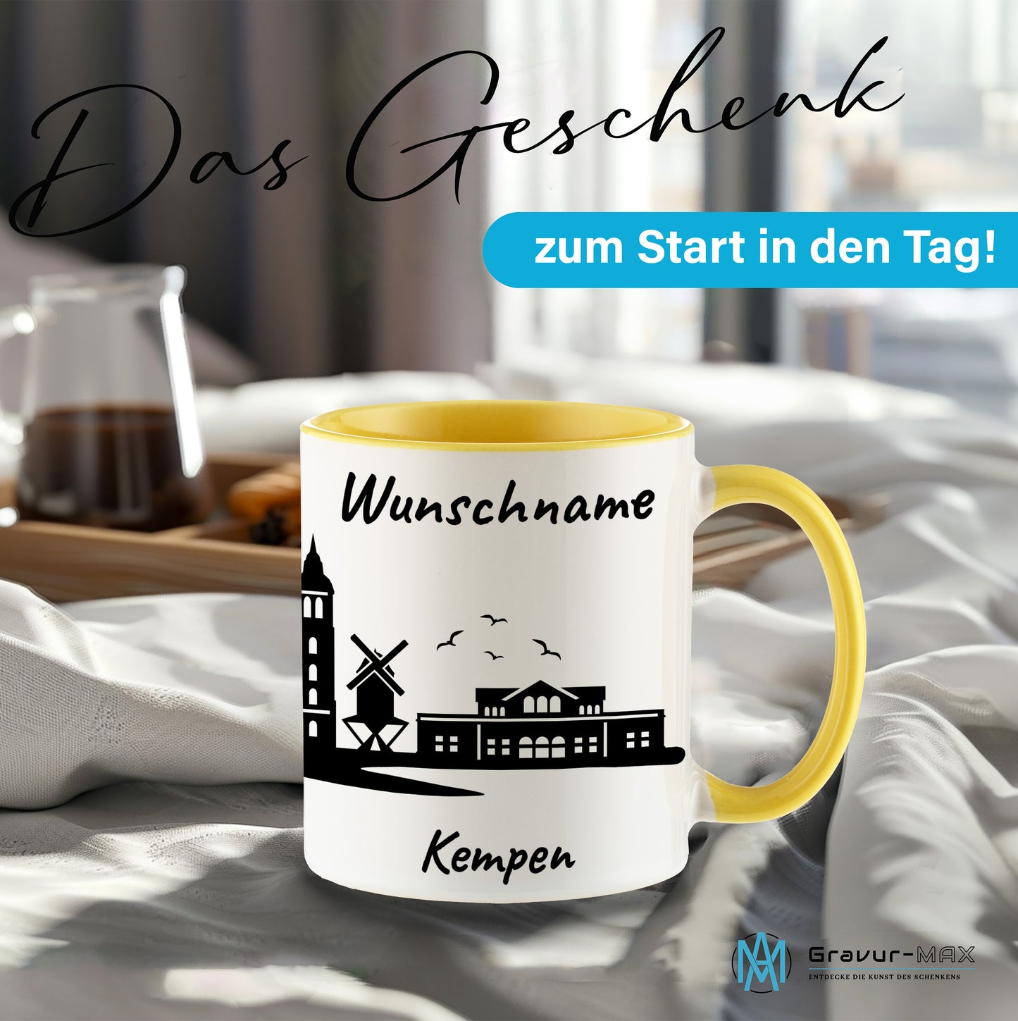 Tasse in Hellgelb 330ml bedruckt mit der Skyline von Kempen personalisierbar mit Wunschname