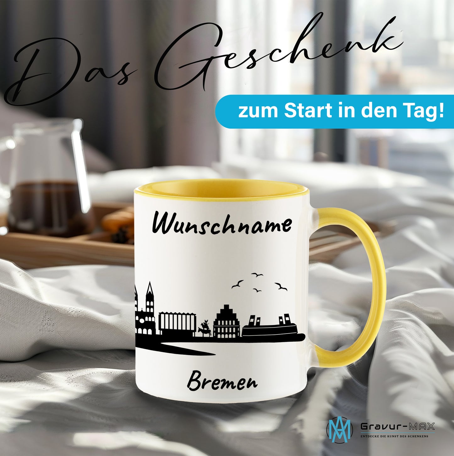 Tasse in Hellgelb 330ml bedruckt mit der Skyline von Bremen personalisierbar mit Wunschname