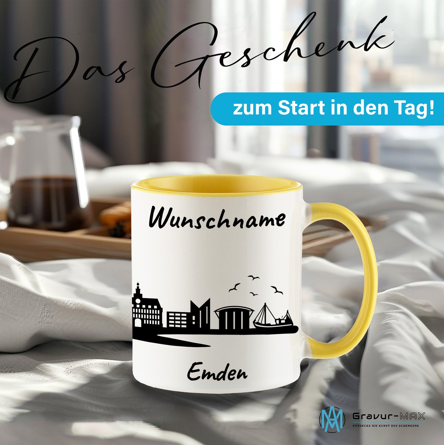 Tasse in Hellgelb 330ml bedruckt mit der Skyline von Emden personalisierbar mit Wunschname