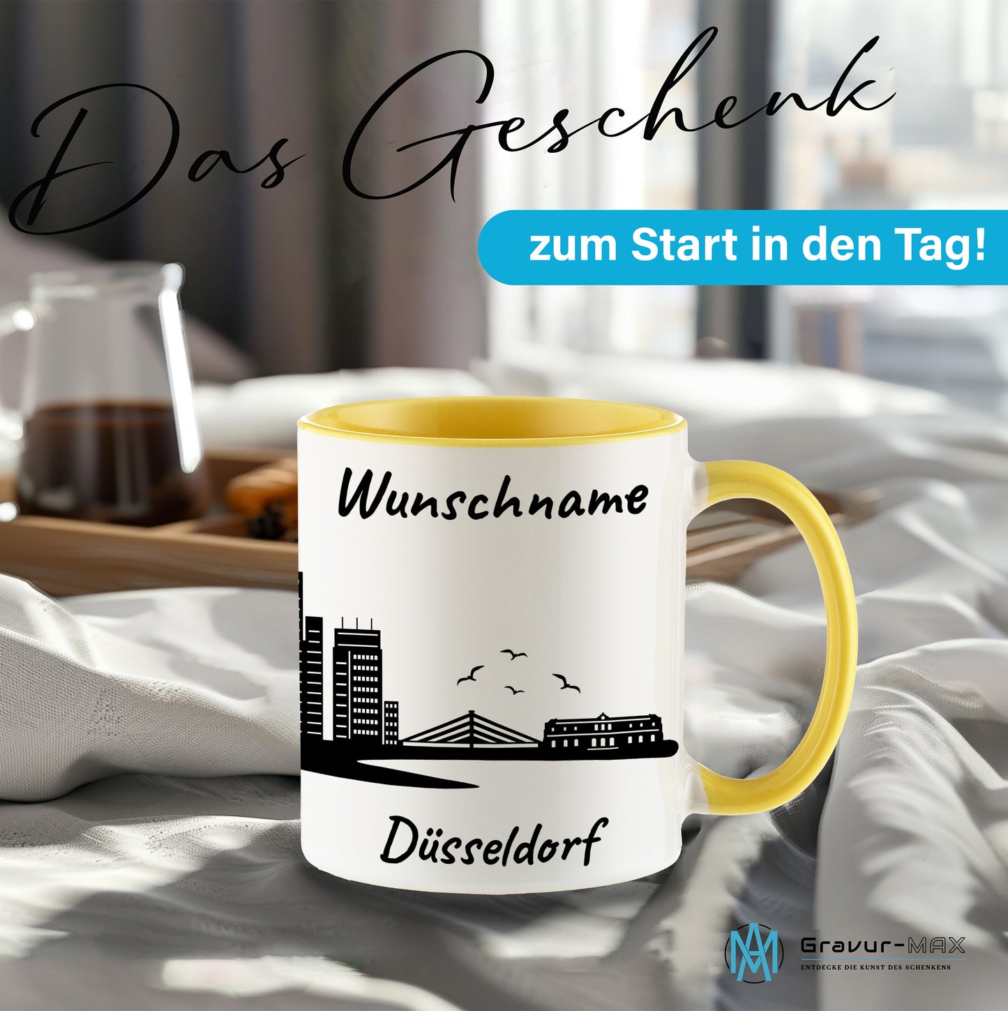Tasse in Hellgelb 330ml bedruckt mit der Skyline von Düsseldorf personalisierbar mit Wunschname