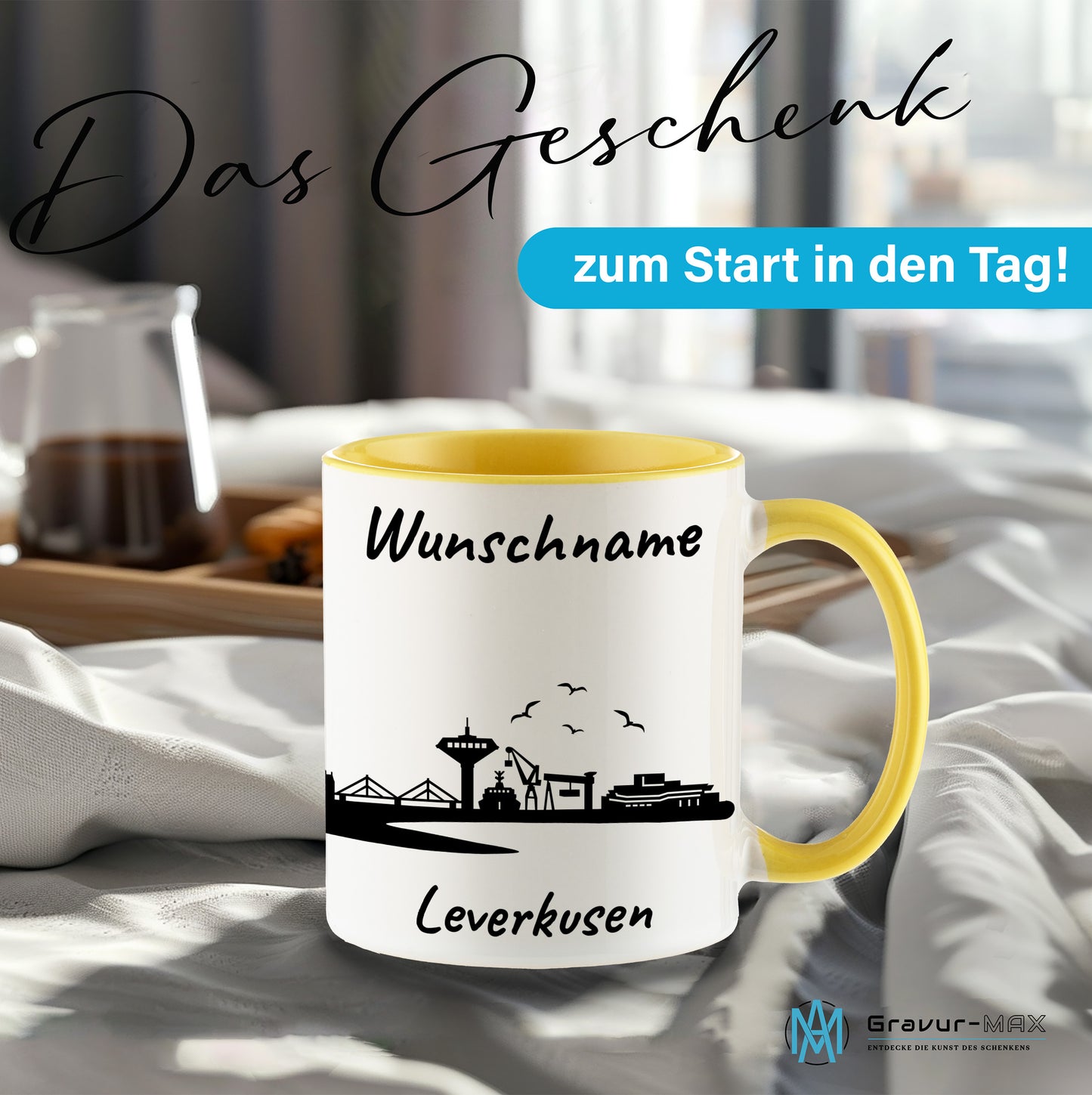 Tasse in Hellgelb 330ml bedruckt mit der Skyline von Leverkusen personalisierbar mit Wunschname
