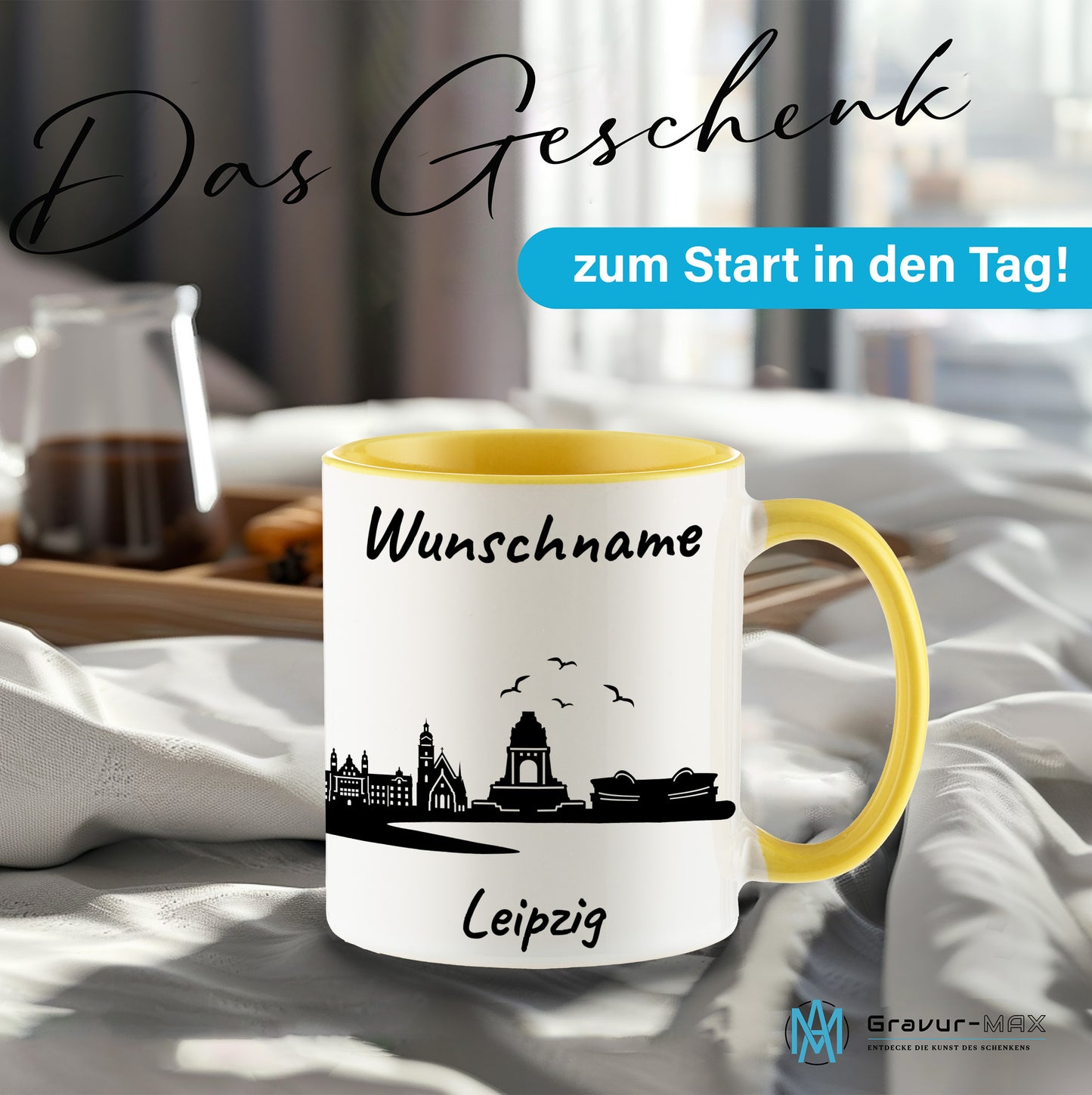 Tasse in Hellgelb 330ml bedruckt mit der Skyline von Leipzig personalisierbar mit Wunschname