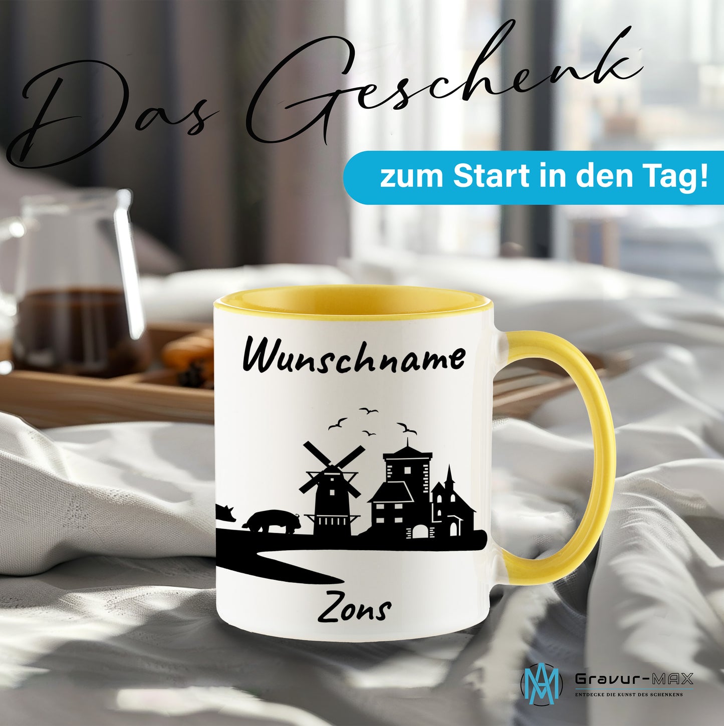 Tasse in Hellgelb 330ml bedruckt mit der Skyline von Zons (Dormagen) personalisierbar mit Wunschname