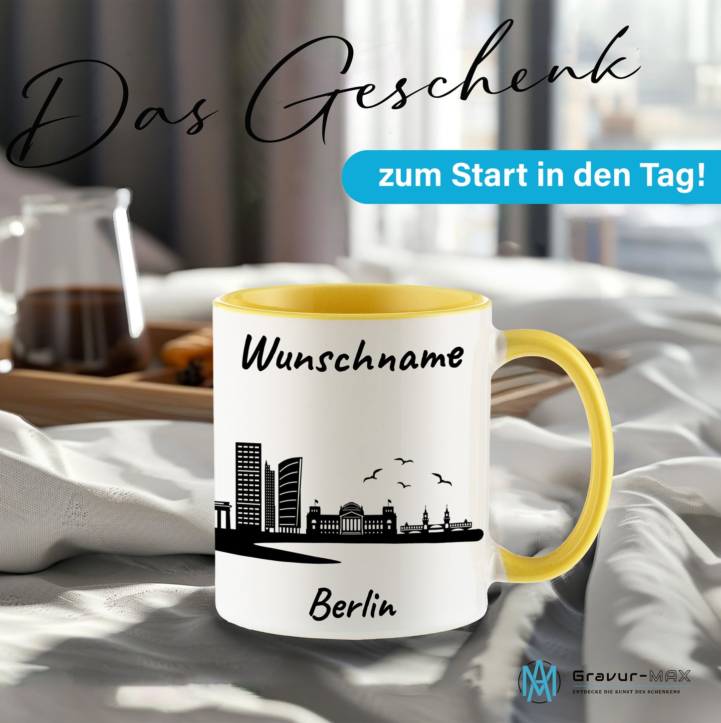 Tasse in Hellgelb 330ml bedruckt mit der Skyline von Berlin personalisierbar mit Wunschname